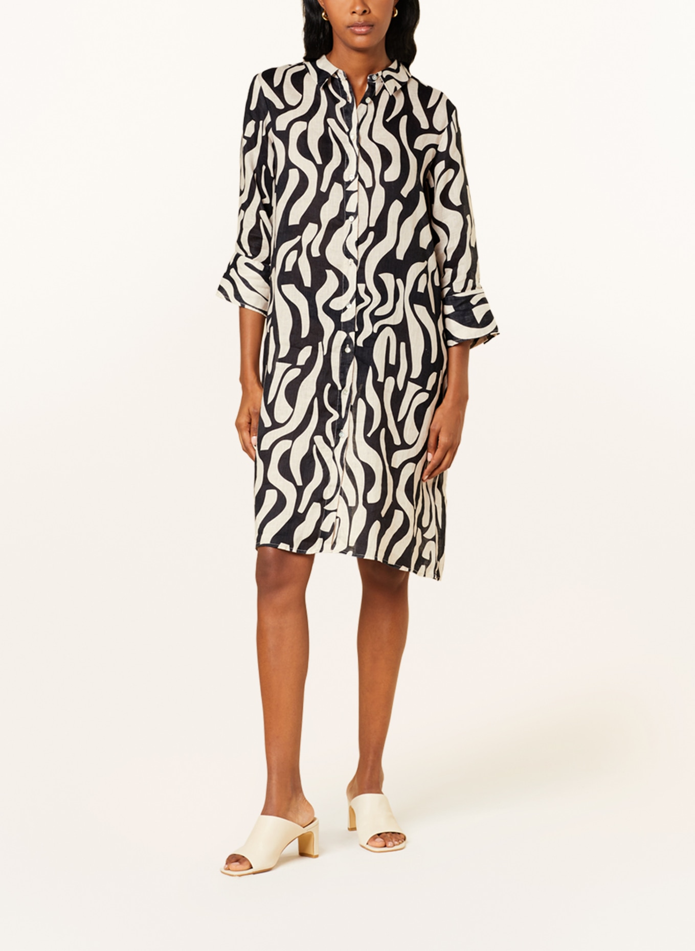 (THE MERCER) N.Y. Shirt dress made of linen with 3/4 sleeves, Color: BLACK/ TAUPE (Image 2)