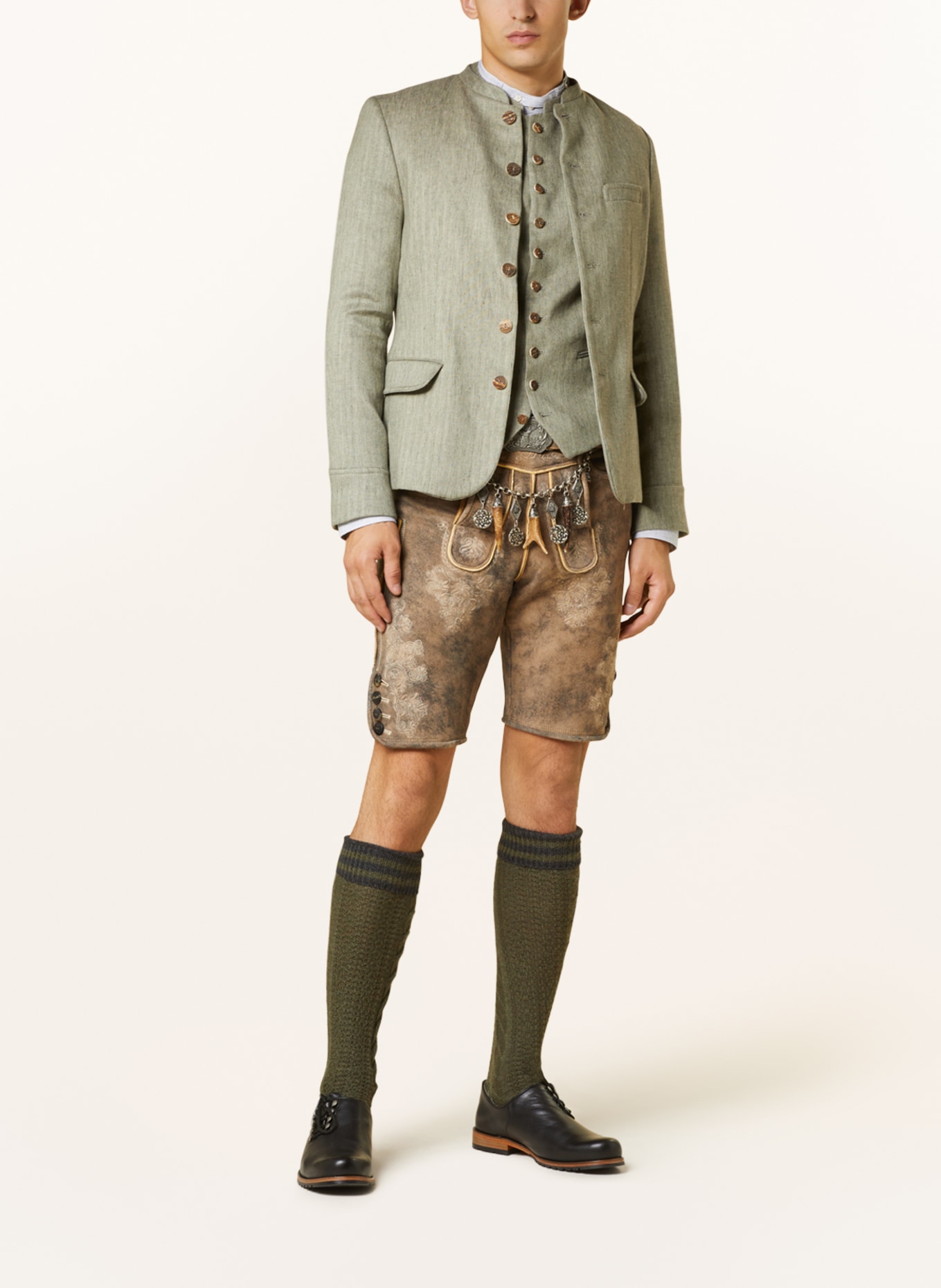 HIRSCHER Spodnie skórzane w stylu ludowym BASEL, Kolor: JASNOBRĄZOWY/ GRANATOWY (Obrazek 2)