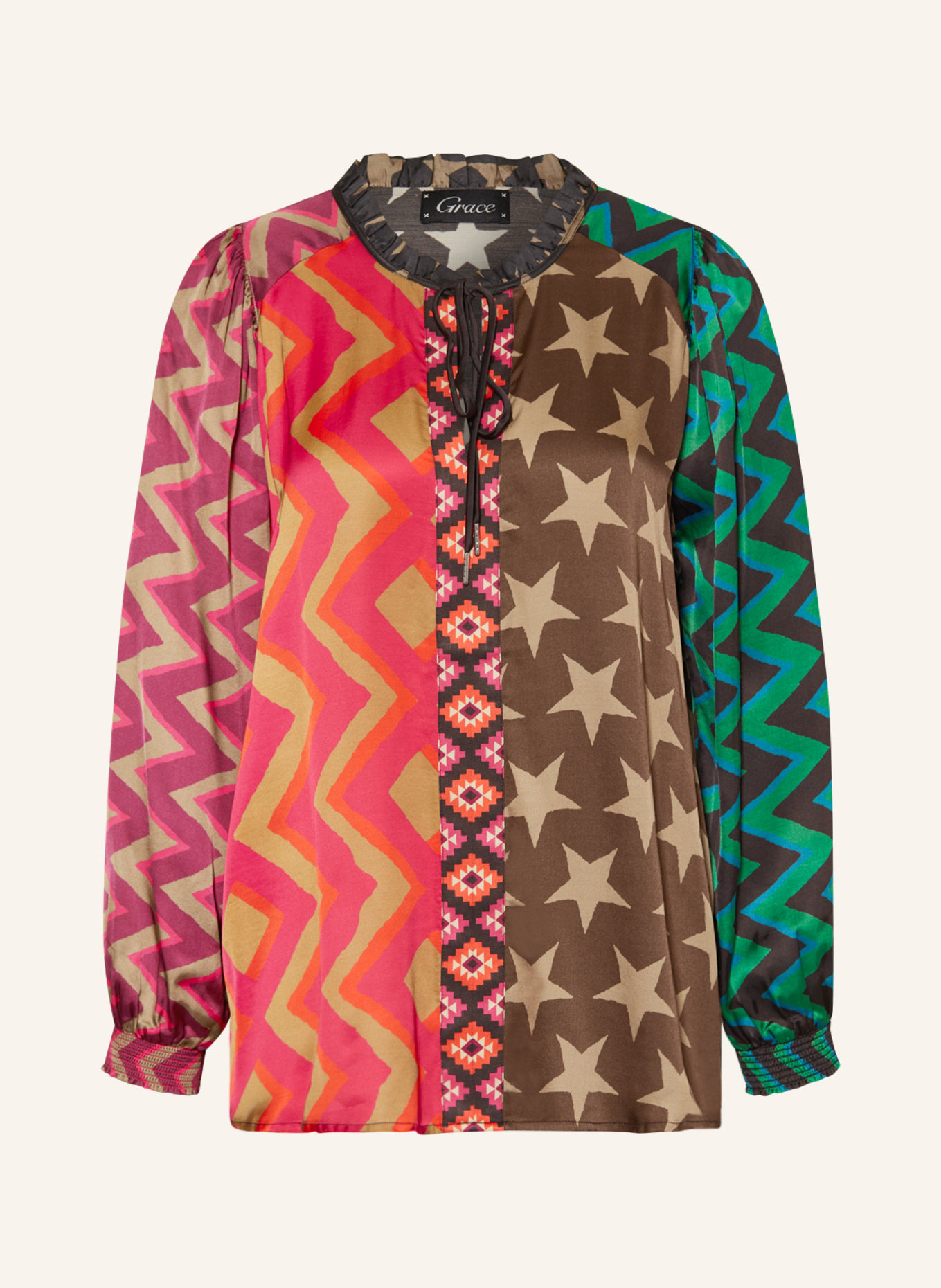 Grace Shirt blouse in satin, Color: BLACK/ FUCHSIA/ LIGHT BROWN (Image 1)