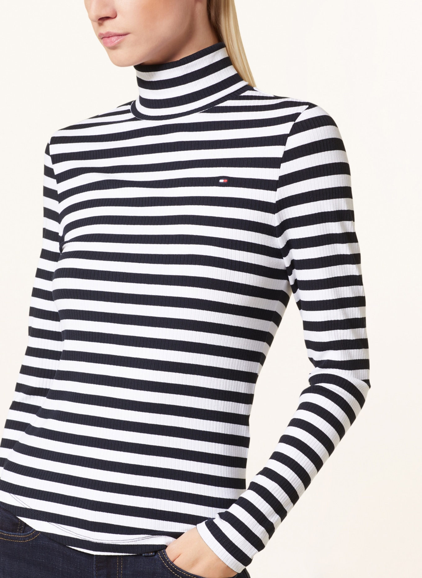 TOMMY HILFIGER Rollkragenshirt: WEISS / SCHWARZ