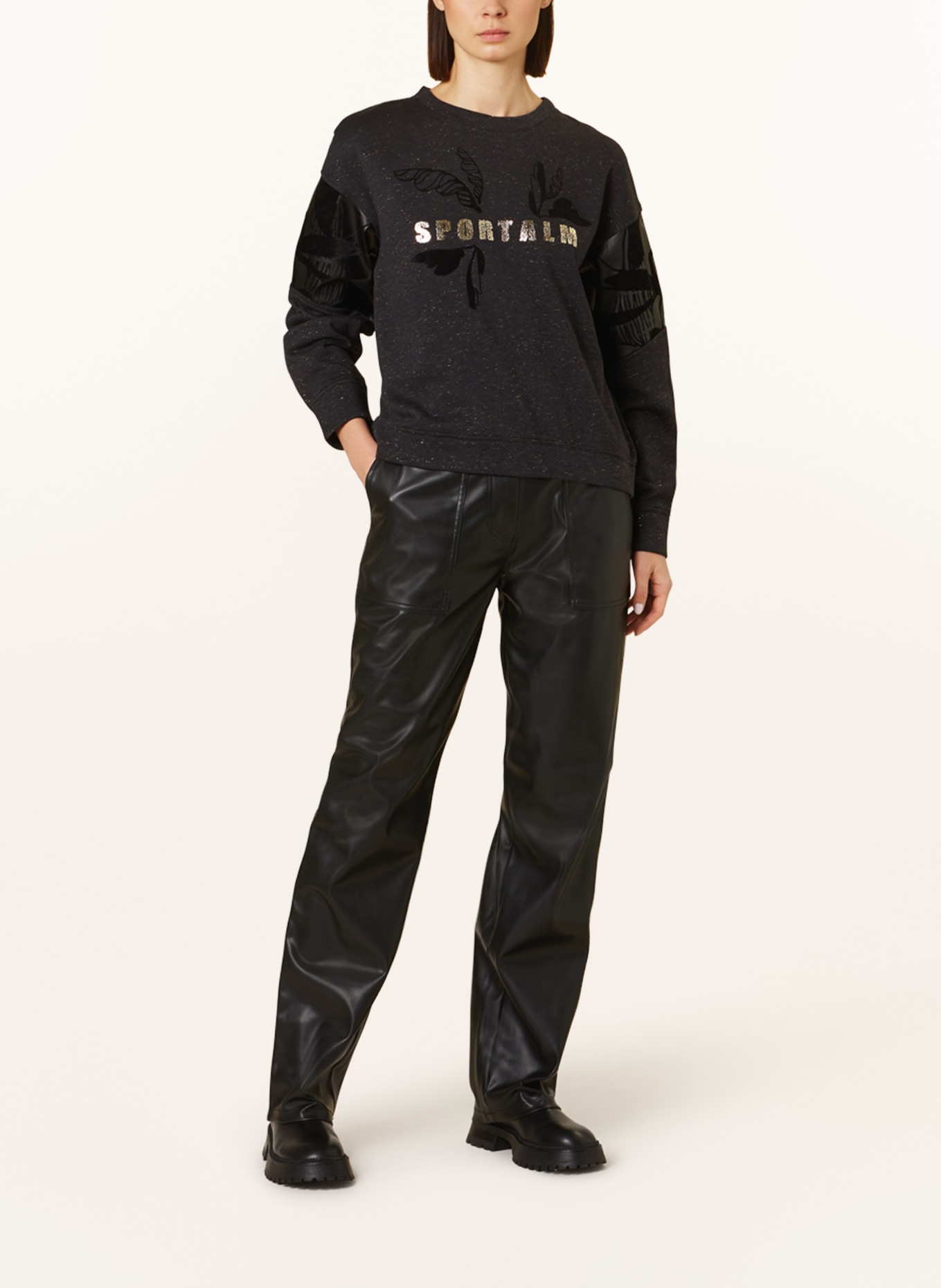 SPORTALM Sweatshirt in mixed materials with glitter thread, Color: BLACK (Image 2)