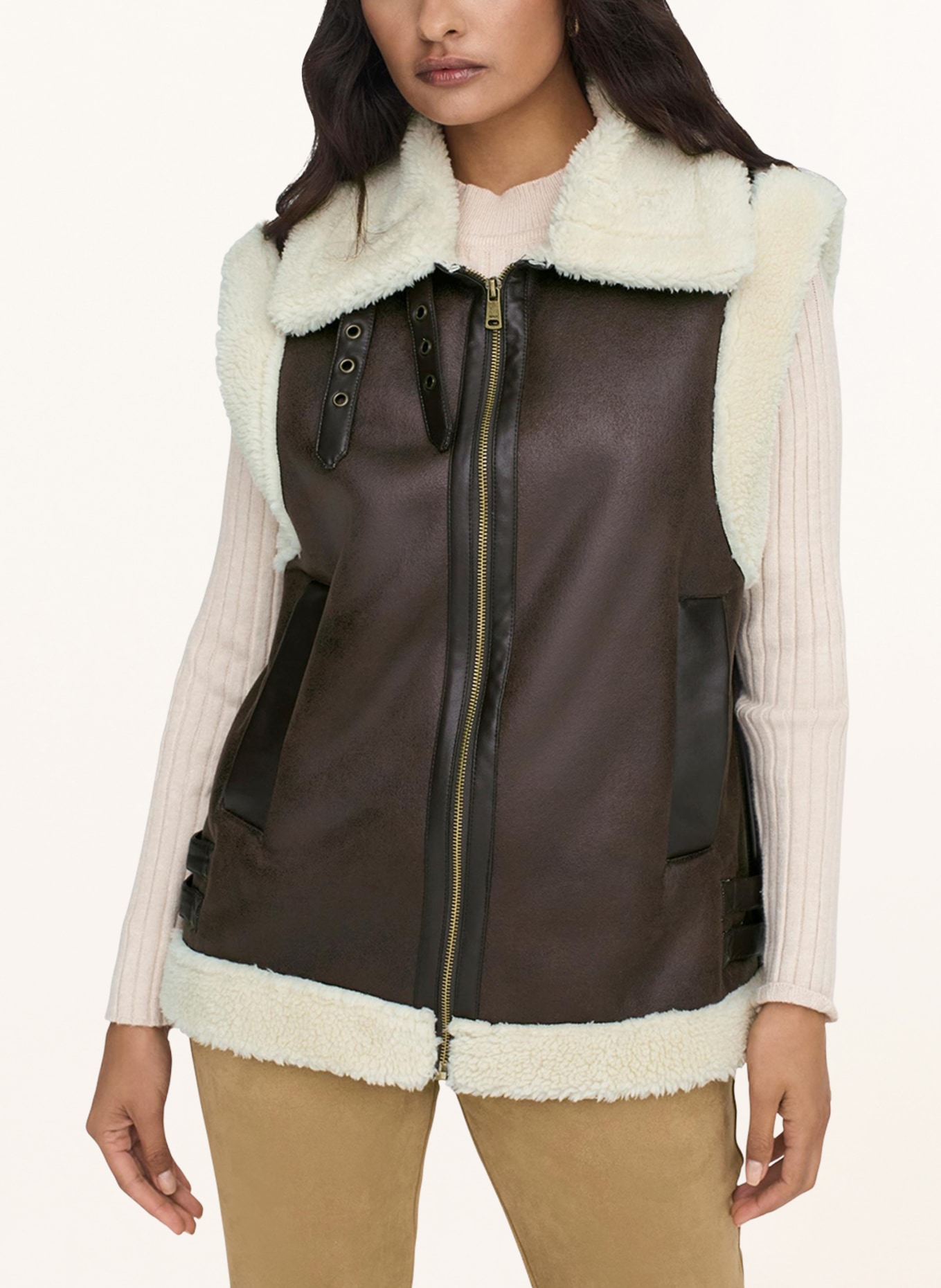ONLY Gilet in leather look with teddy, Color: DARK BROWN/ ECRU (Image 4)
