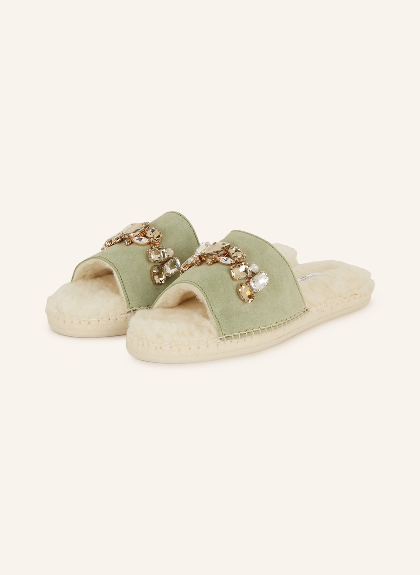 espadrij l'originale Slippers with faux fur and decorative gems, Color: LIGHT GREEN (Image 1)