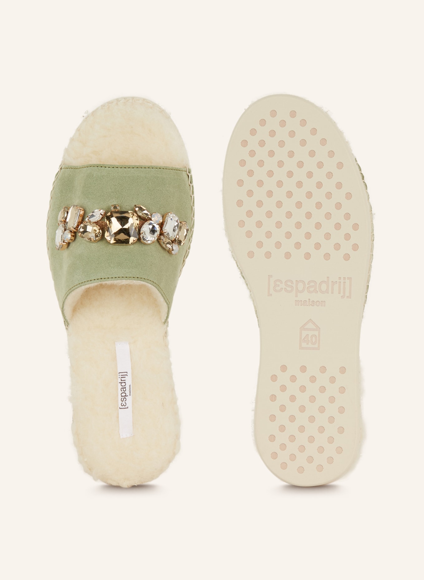 espadrij l'originale Slippers with faux fur and decorative gems, Color: LIGHT GREEN (Image 5)