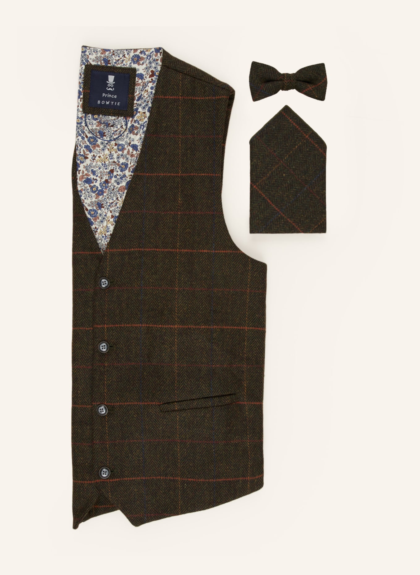 Prince BOWTIE Set: Vest, bow tie and pocket square, Color: BROWN/ GREEN/ ORANGE (Image 1)
