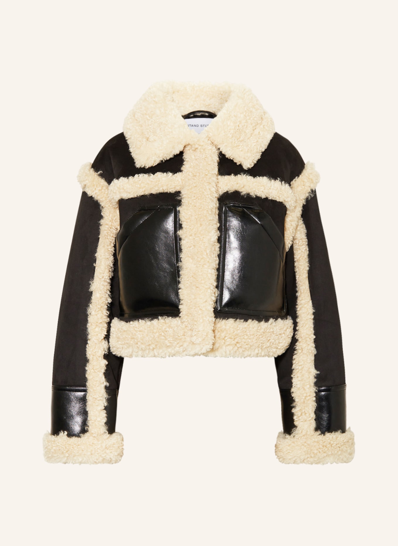 STAND STUDIO Jacket EDITH in leather look with faux fur, Color: BLACK/ ECRU (Image 1)