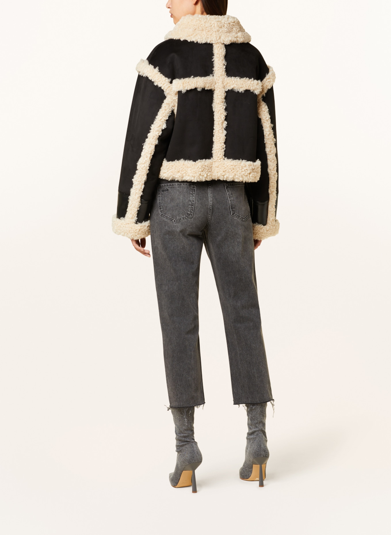 STAND STUDIO Jacket EDITH in leather look with faux fur in black ecru