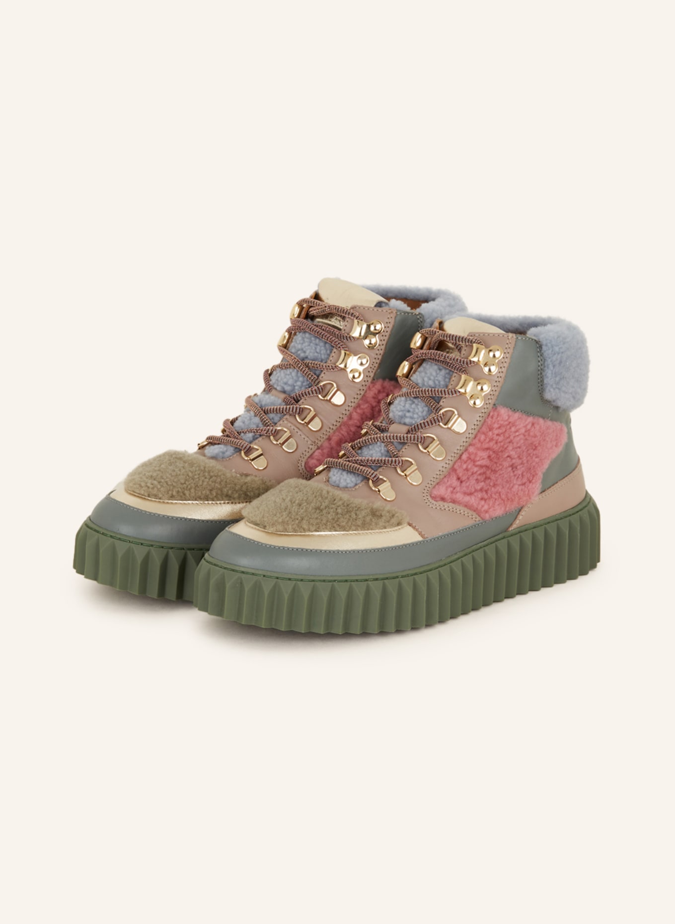 VOILE BLANCHE Lace-up boots EVAHIKE with real fleece, Color: TAUPE/ PINK/ GREEN (Image 1)