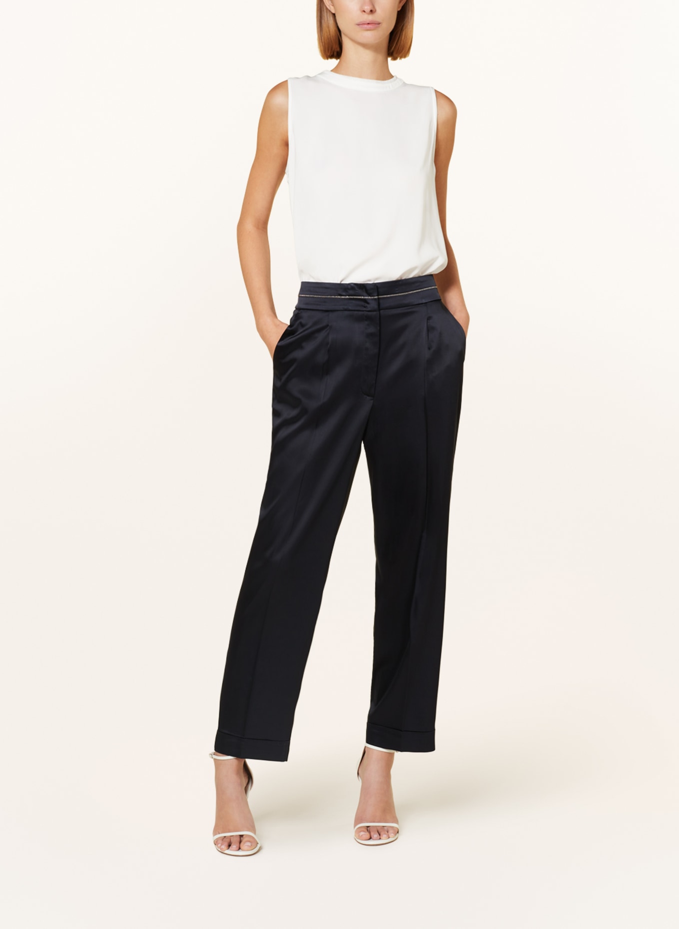 PESERICO Wide leg trousers in satin, Color: DARK BLUE (Image 2)