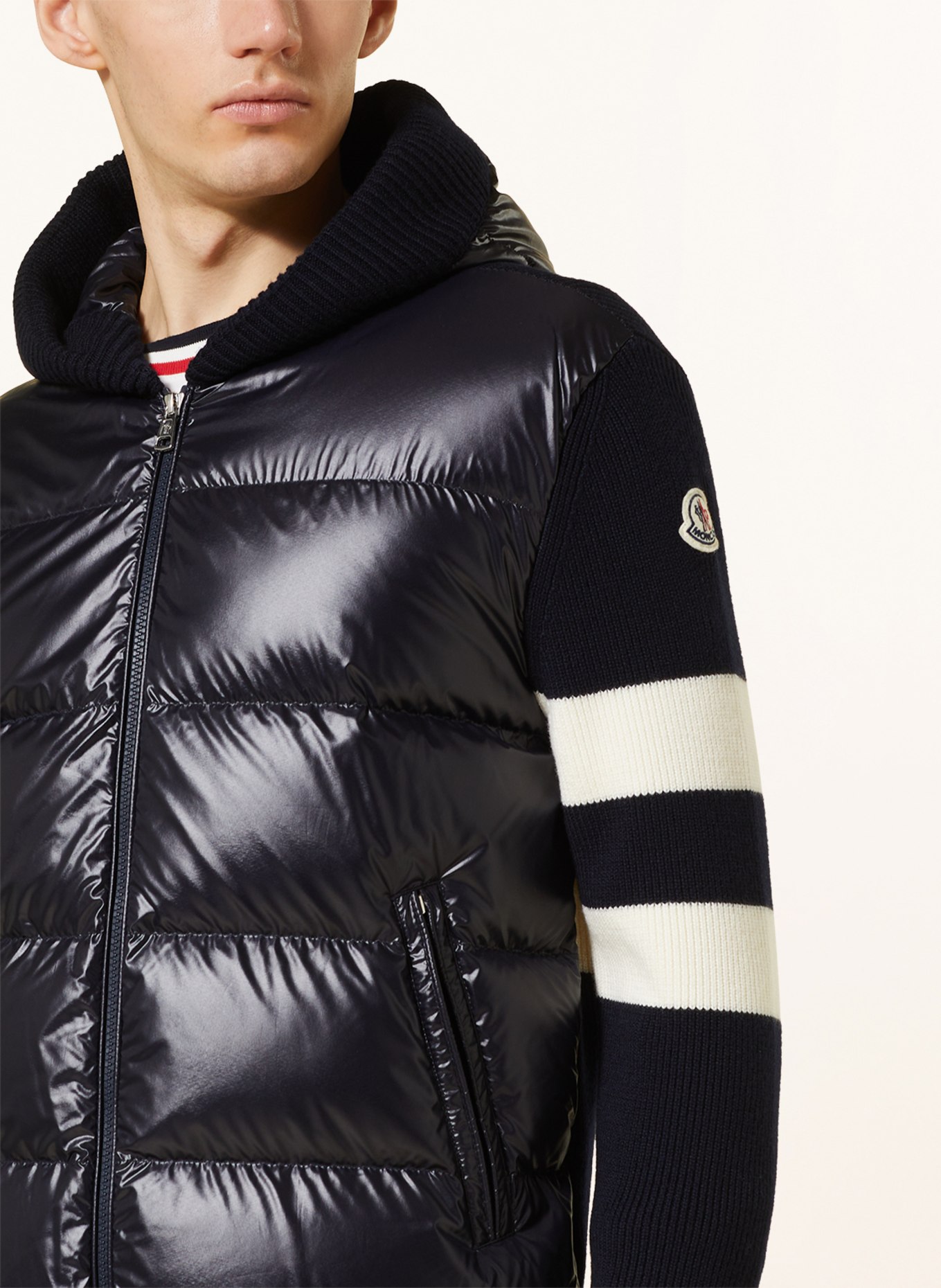 MONCLER Daunenjacke im Materialmix: DUNKELBLAU / CREME
