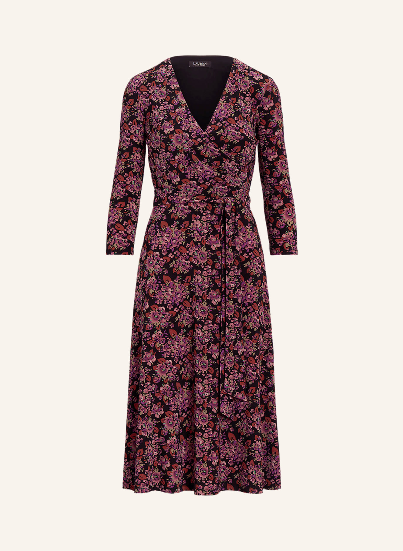 LAUREN RALPH LAUREN Sukienka z dżerseju z rękawami 3/4 w stylu kopertowym, Kolor: CZARNY/ CIEMNOPOMARAŃCZOWY/ JASNOFIOLETOWY (Obrazek 1)