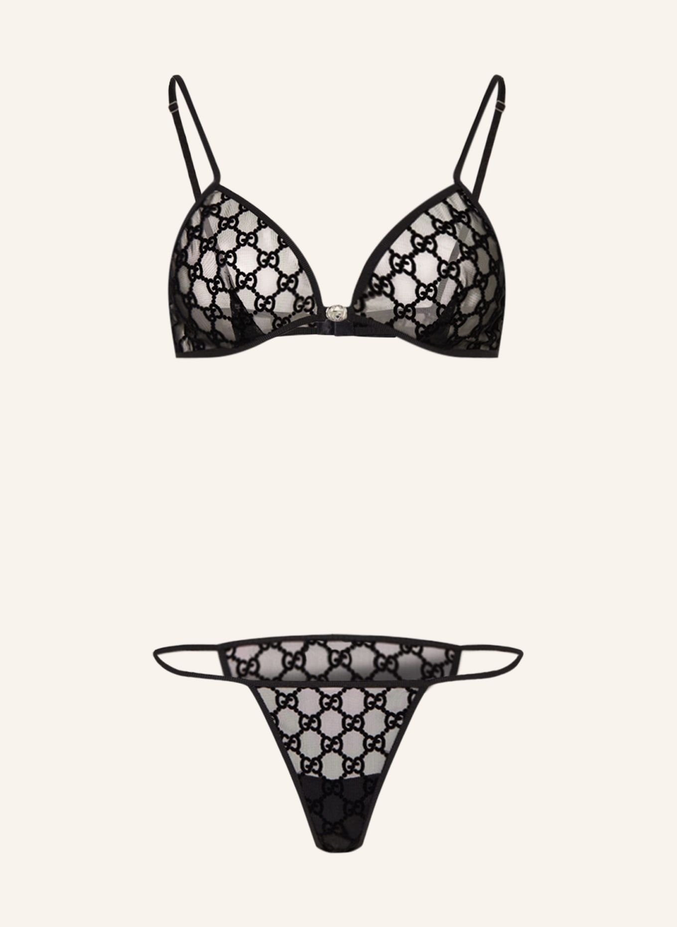 Gucci Bralette en slip set van mesh met logoborduring • Zwart
