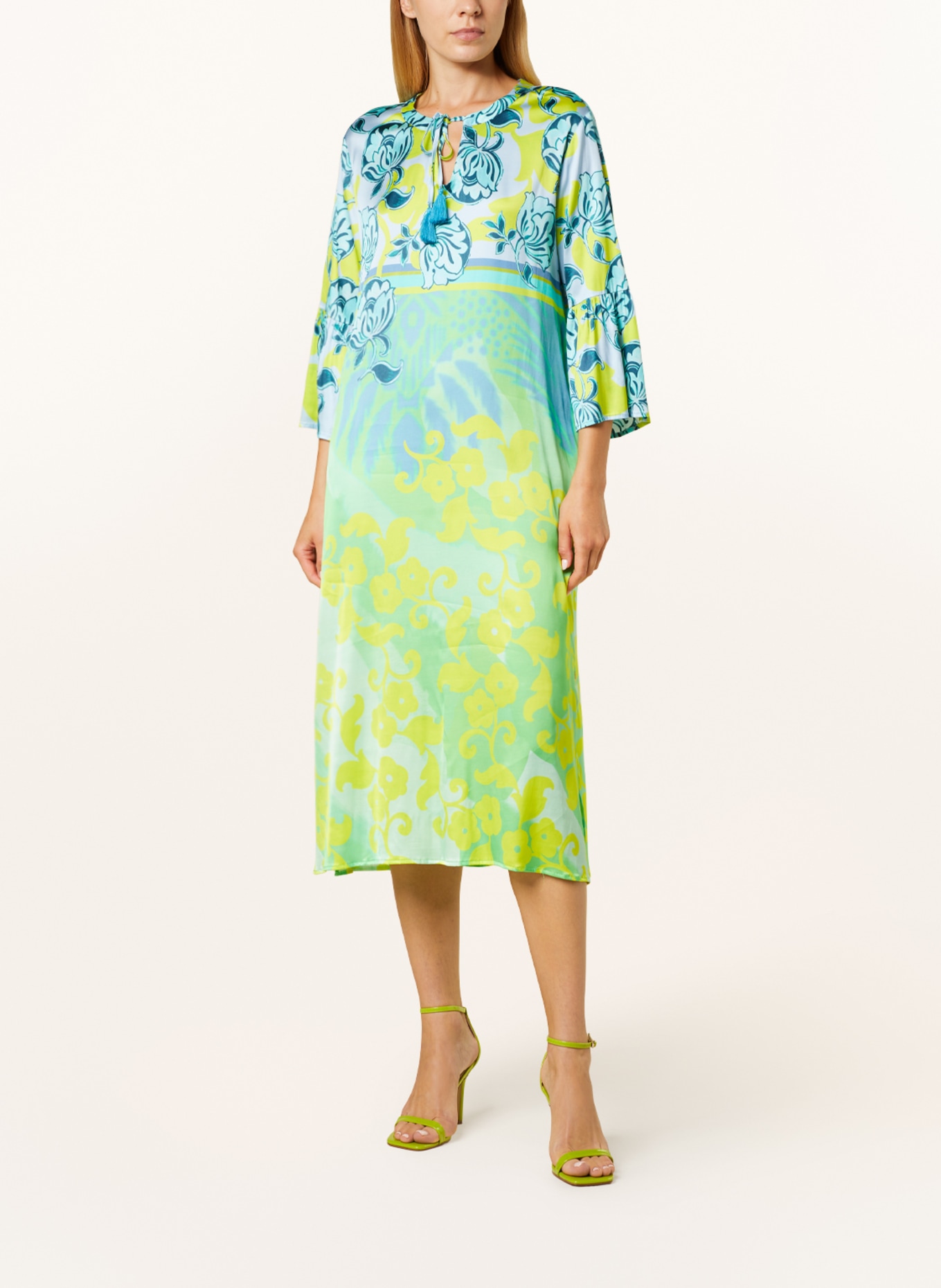 yippie hippie Satin dress with 3/4 sleeves, Color: LIGHT BLUE/ TURQUOISE/ YELLOW (Image 2)