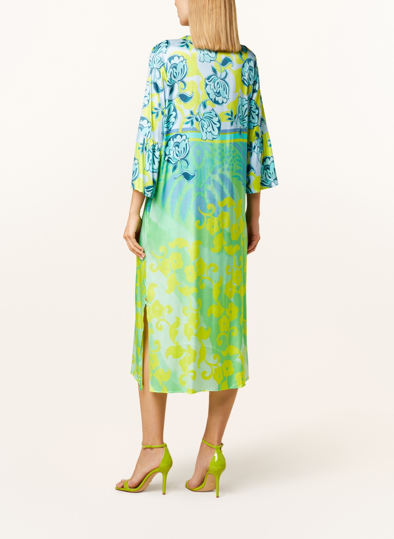 yippie hippie Satin dress with 3/4 sleeves, Color: LIGHT BLUE/ TURQUOISE/ YELLOW (Image 3)