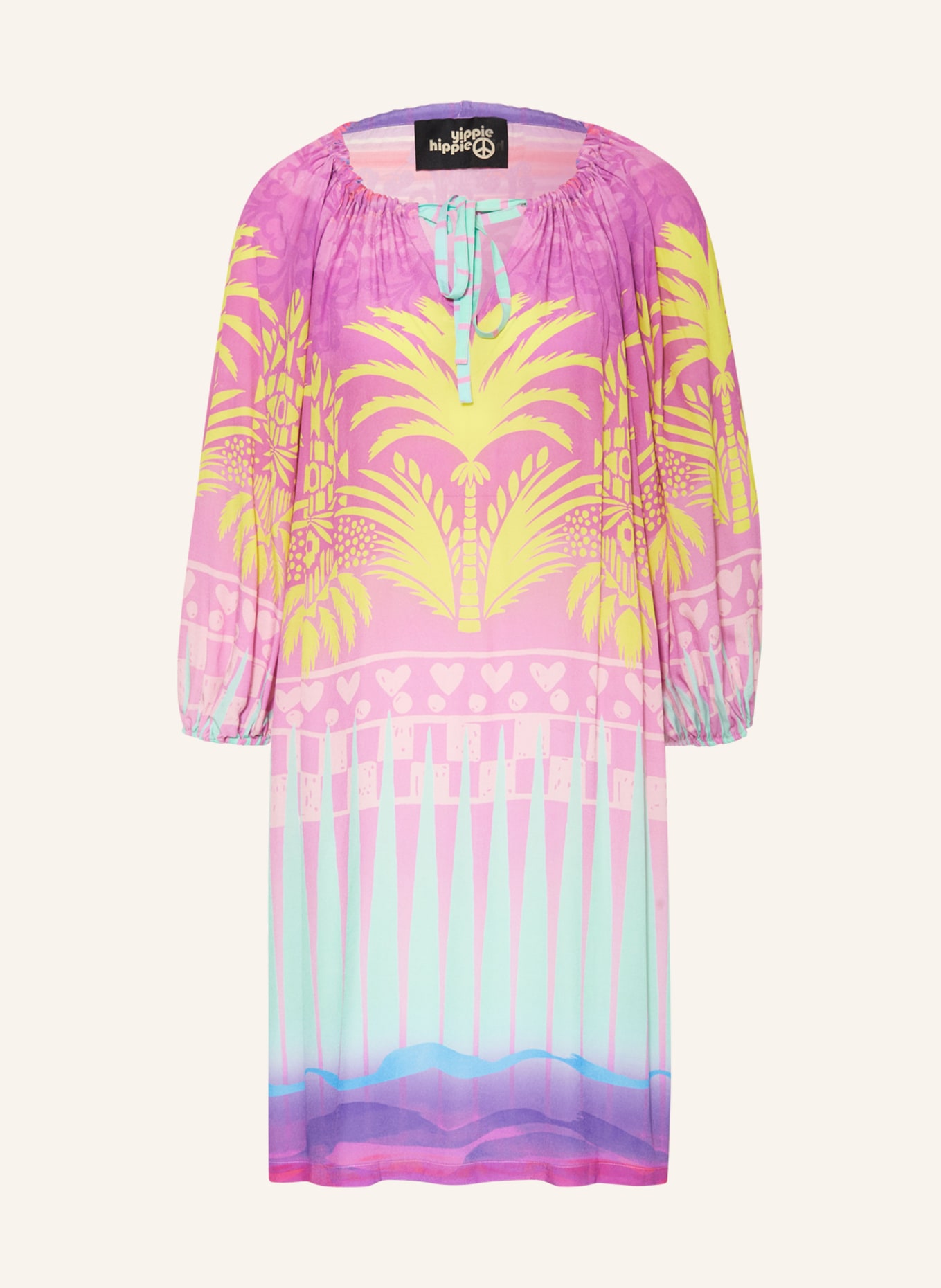 yippie hippie Dress with 3/4 sleeves, Color: PURPLE/ YELLOW/ MINT (Image 1)
