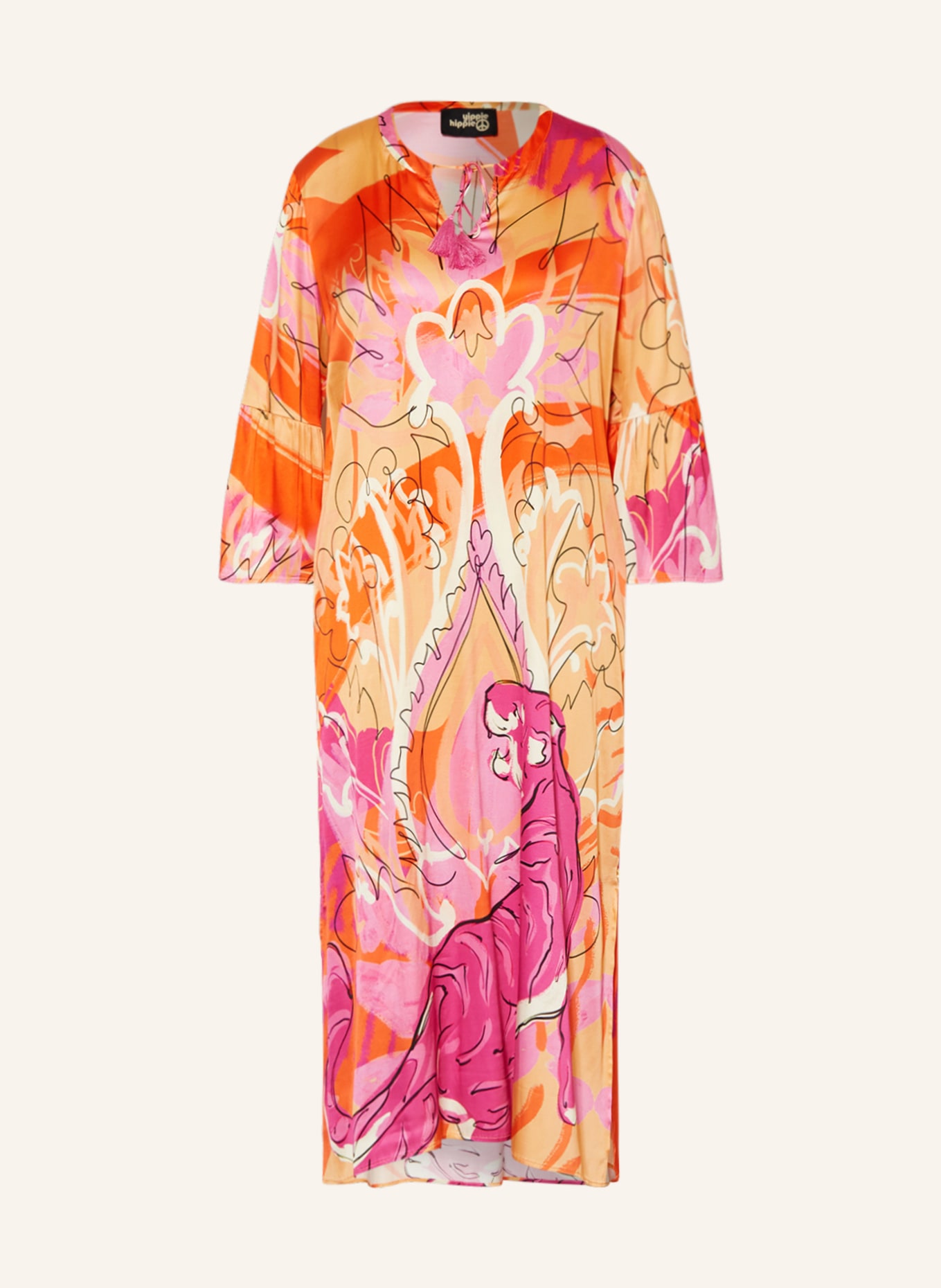 yippie hippie Satin dress with 3/4 sleeves, Color: ORANGE/ LIGHT ORANGE/ PINK (Image 1)