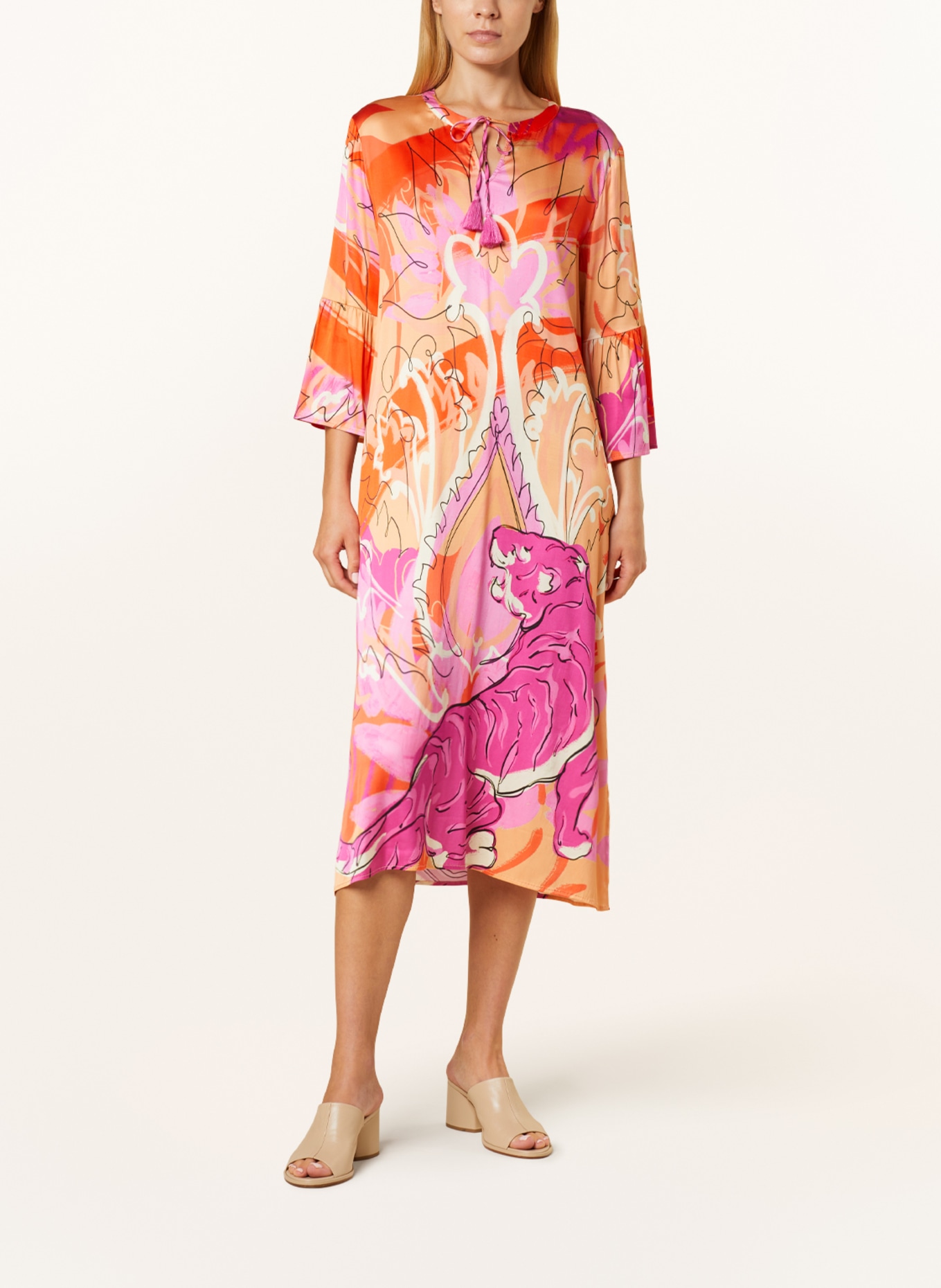 yippie hippie Satin dress with 3/4 sleeves, Color: ORANGE/ LIGHT ORANGE/ PINK (Image 2)