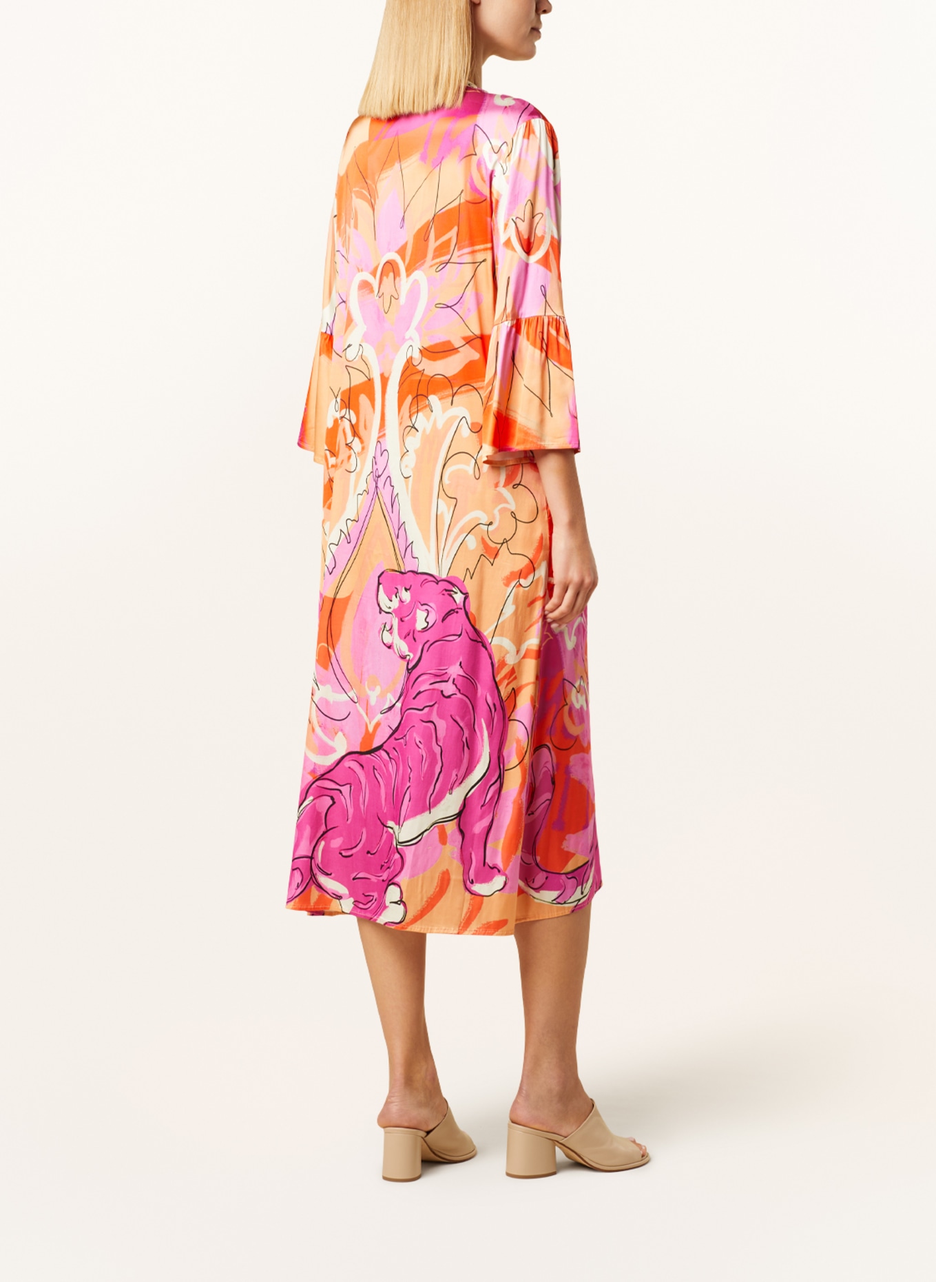 yippie hippie Satin dress with 3/4 sleeves, Color: ORANGE/ LIGHT ORANGE/ PINK (Image 3)