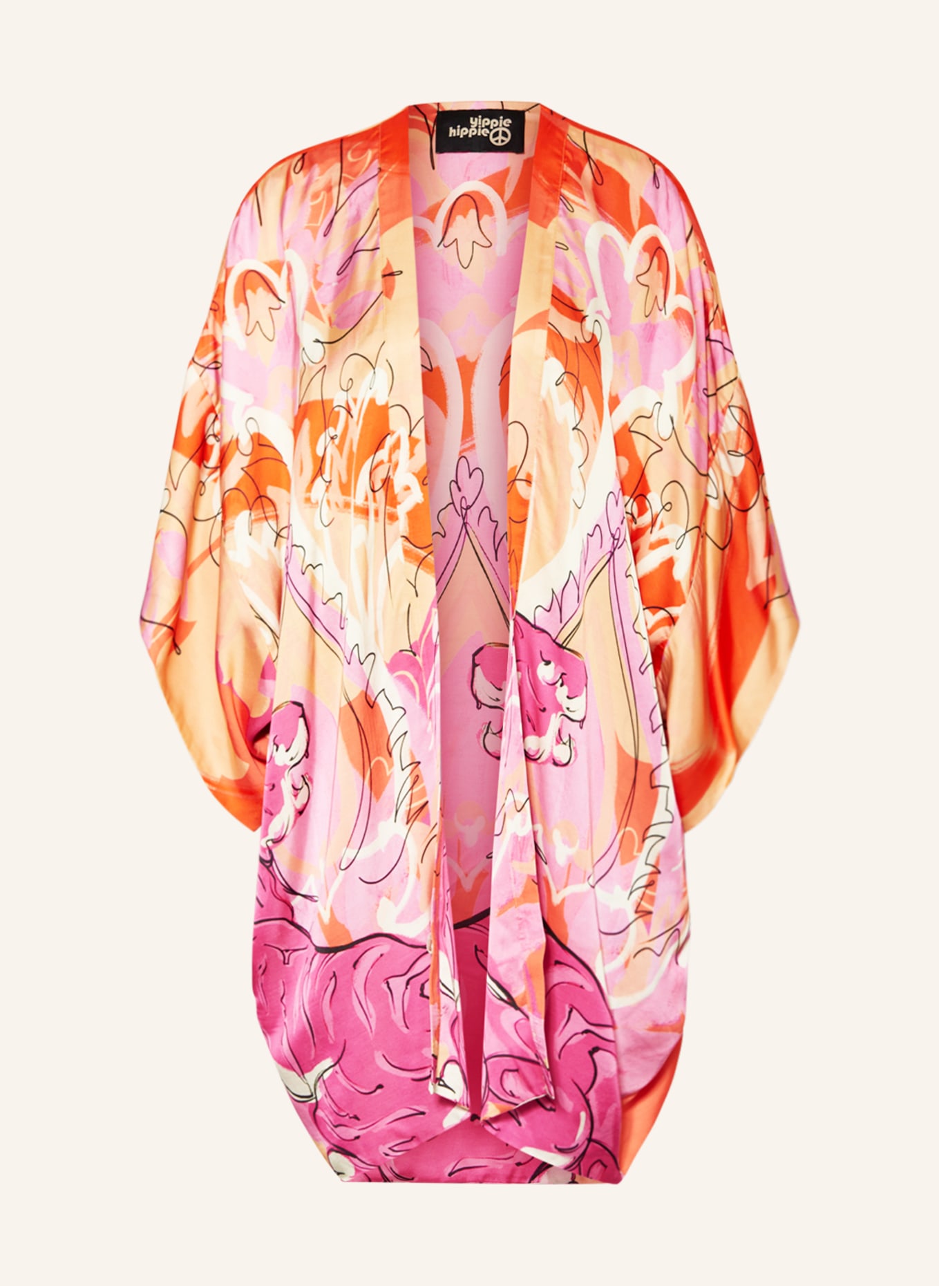 yippie hippie Saténové kimono s 3/4 rukávem, Barva: ORANŽOVÁ/ RŮŽOVÁ/ TMAVĚ ŽLUTÁ (Obrázek 1)