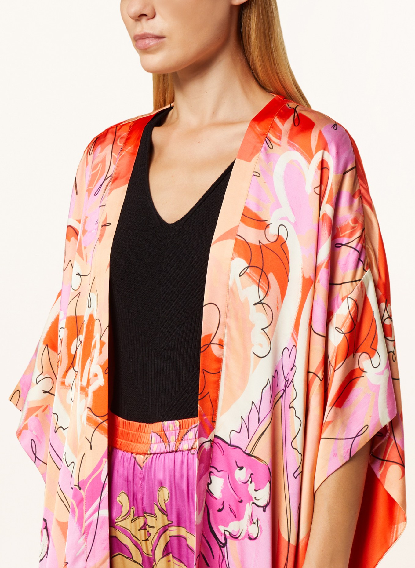 yippie hippie Satin kimono with 3/4 sleeves, Color: ORANGE/ PINK/ LIGHT YELLOW (Image 4)