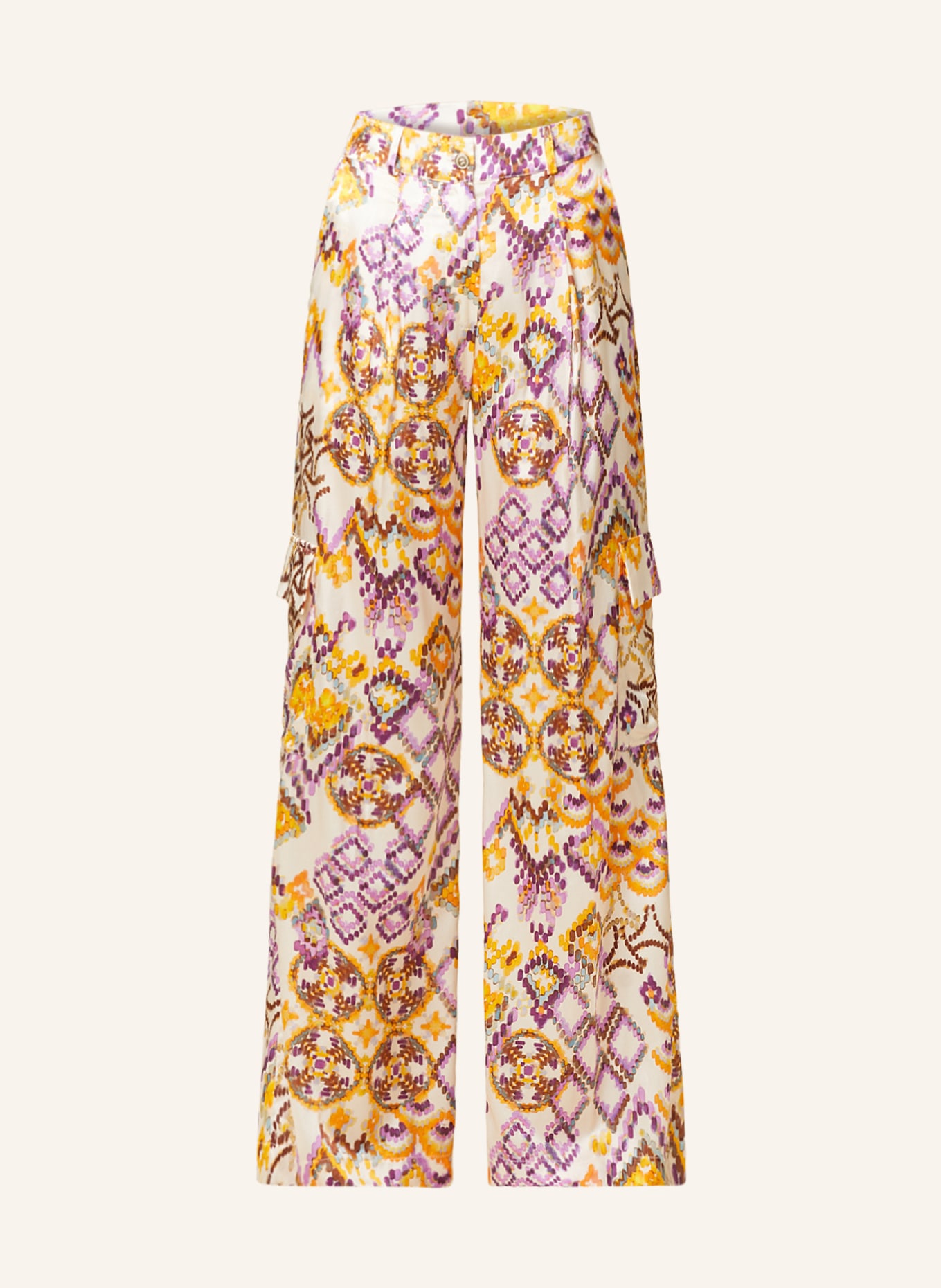 SEM PER LEI Cargo pants made of satin with silk, Color: ECRU/ PURPLE/ ORANGE (Image 1)