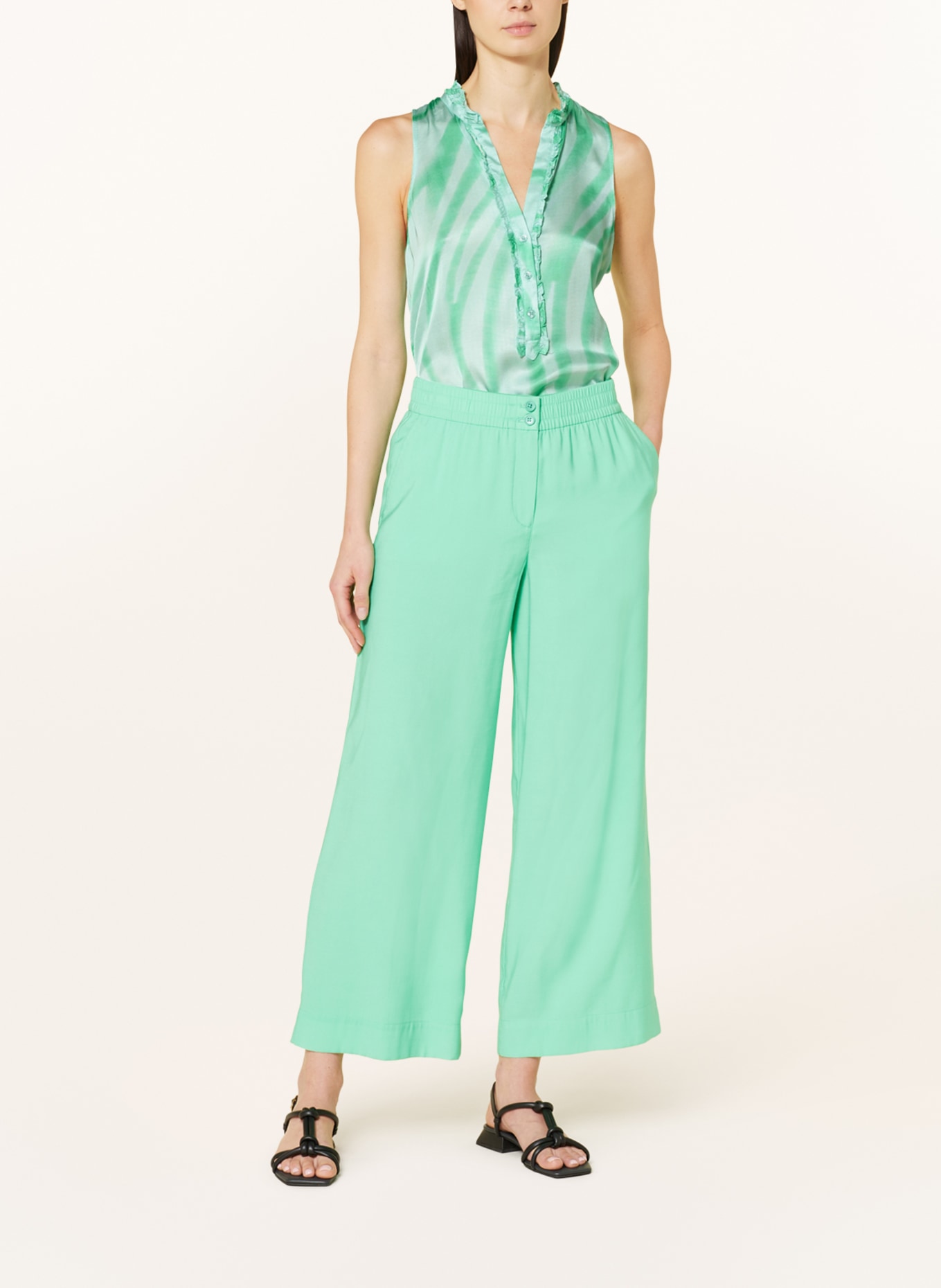 MARC AUREL Satin blouse top with ruffles, Color: GREEN/ LIGHT GREEN (Image 2)