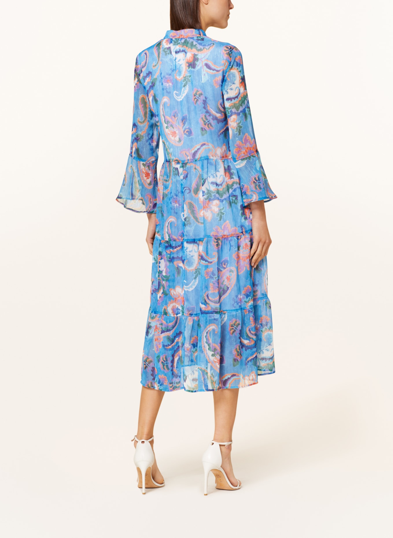 MARC AUREL dress green with 3/4 sleeves and glitter thread: BLUE/ LIGHT RED/ WHITE
