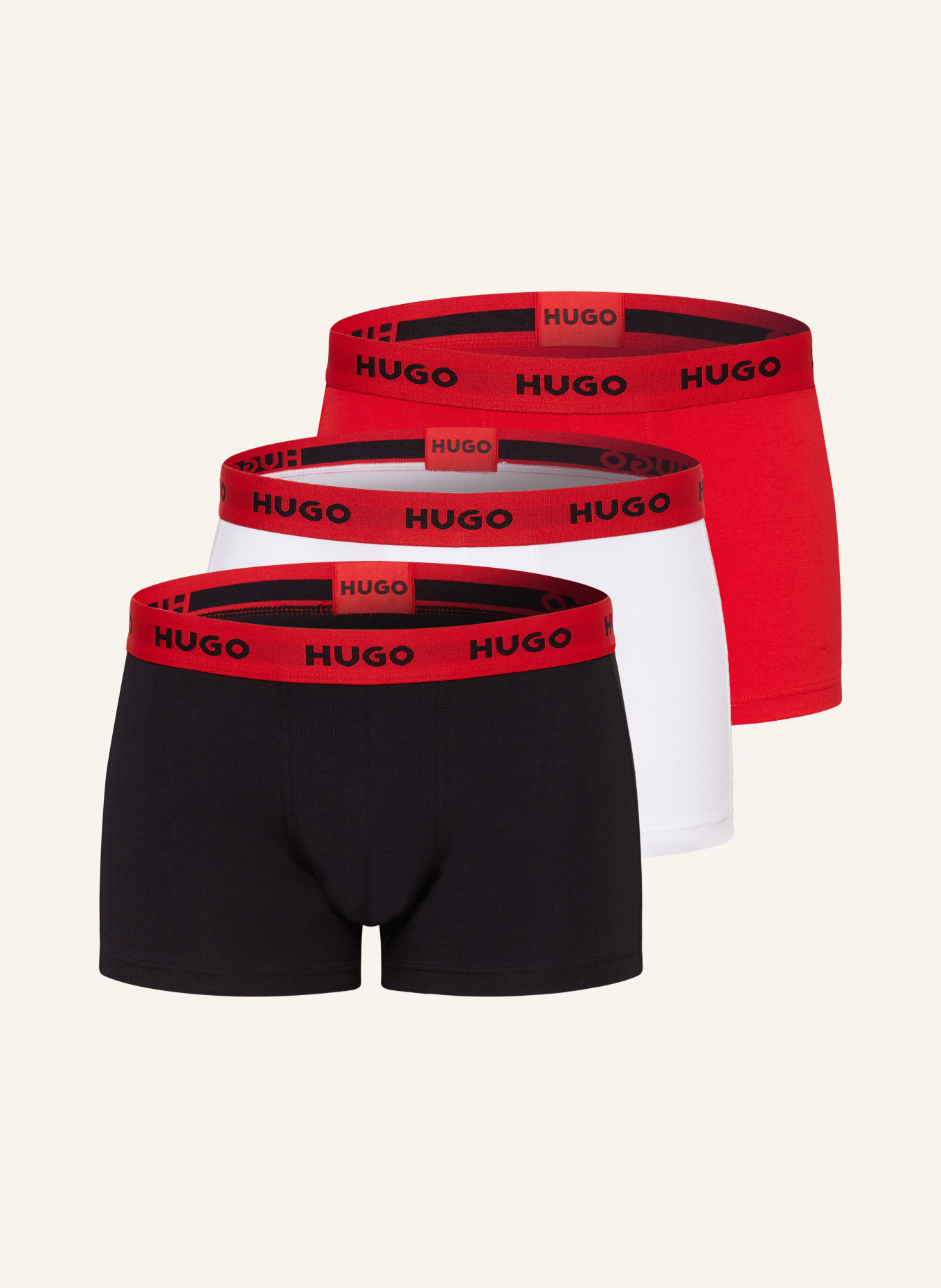 HUGO 3er-Pack Boxershorts: WEISS / SCHWARZ / ROT