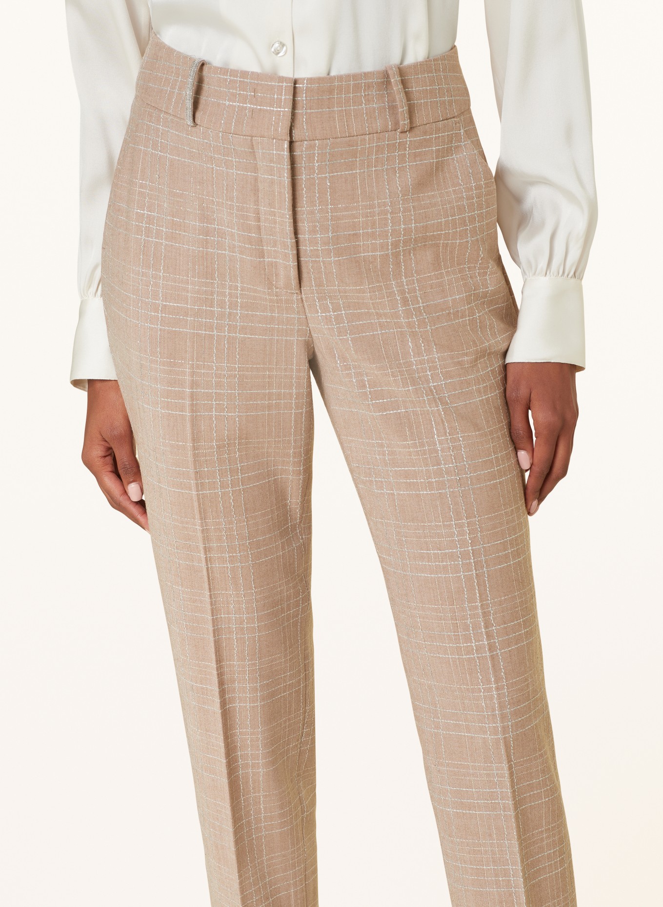 PESERICO 7/8 trousers with glitter thread, Color: BEIGE/ ECRU/ SILVER (Image 5)