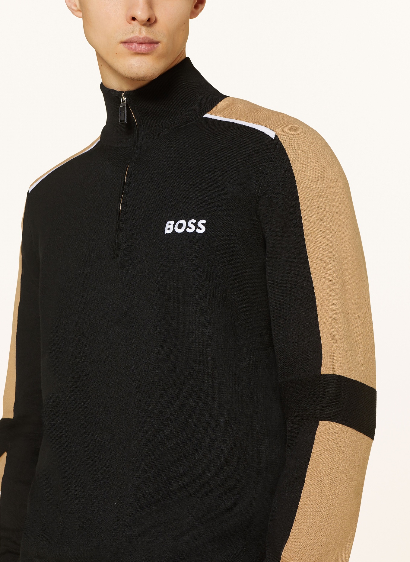 BOSS Half-zip sweater ZELCHIOR, Color: BLACK/ LIGHT BROWN (Image 4)