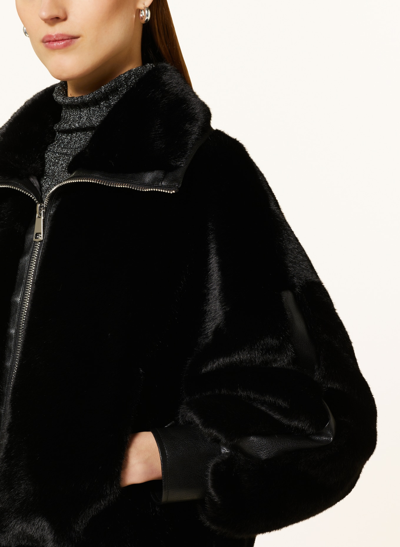 ESSENTIEL ANTWERP Faux fur bomber jacket ERGER, Color: BLACK (Image 4)