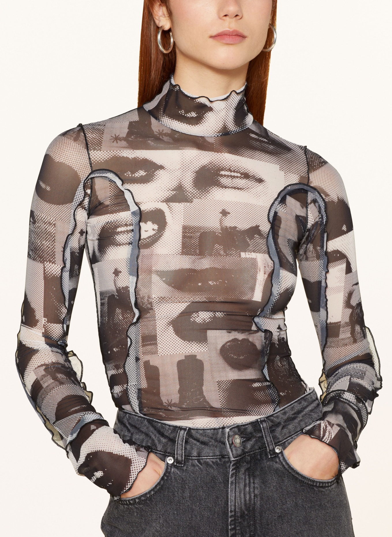HUGO Long sleeve shirt DEUPHORIA made of mesh, Color: BLACK/ ECRU (Image 4)