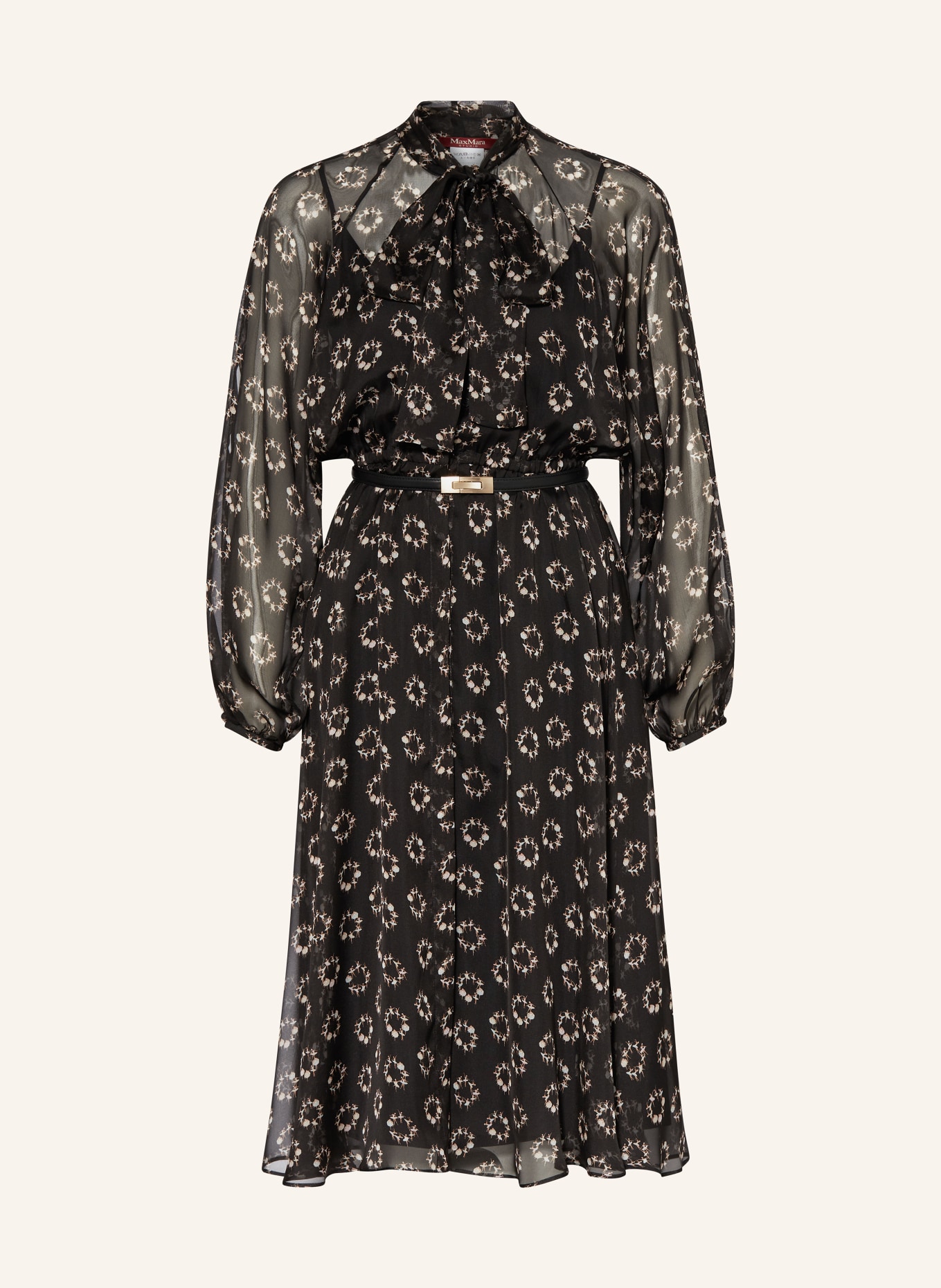 MaxMara STUDIO Shirt dress SONDRIO made of silk with bow, Color: BLACK/ LIGHT GRAY (Image 1)