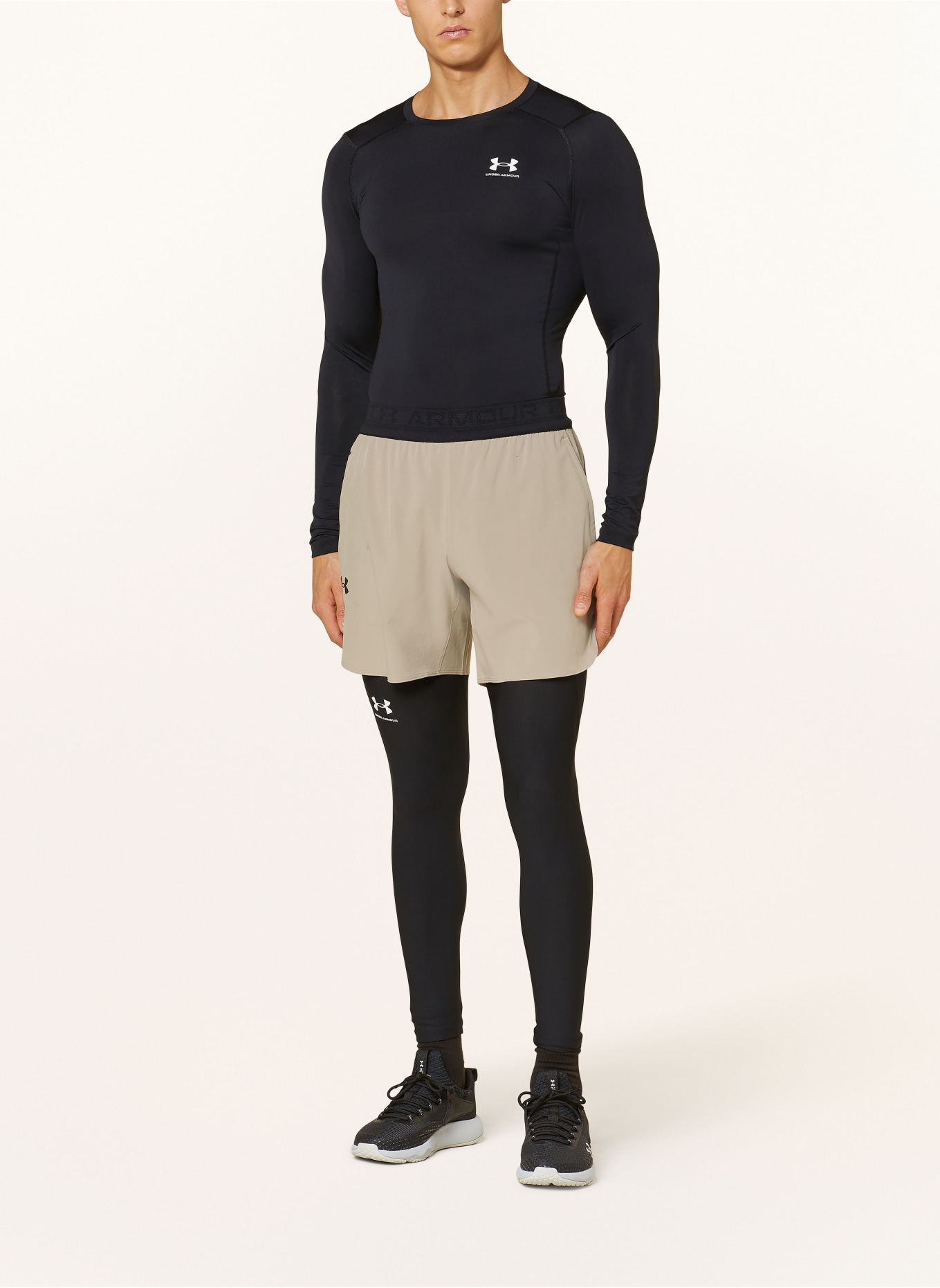 UNDER ARMOUR Training shorts UA PEAK, Color: LIGHT BROWN/ BLACK (Image 2)