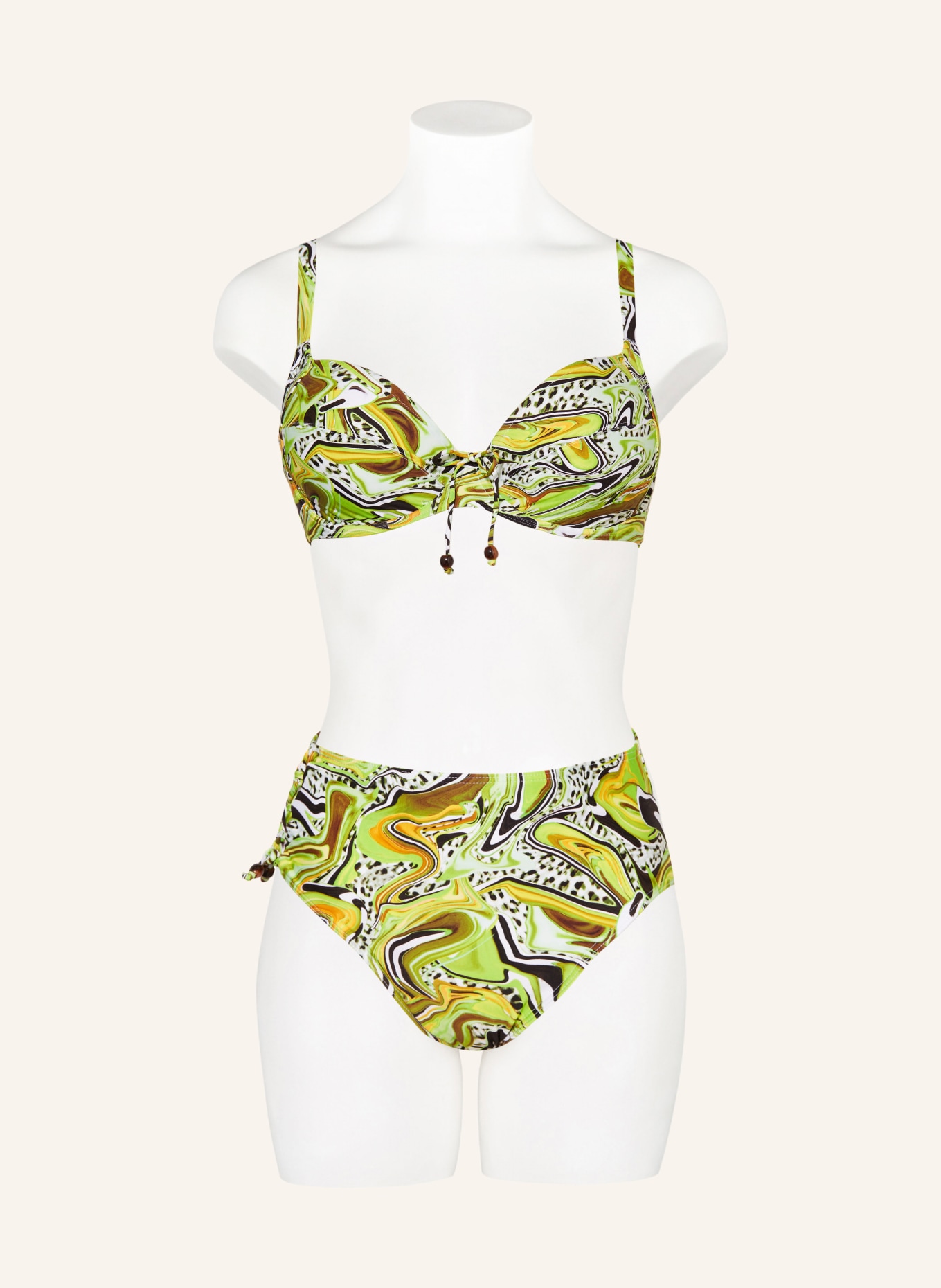 PrimaDonna High-waist bikini bottoms JAGUARAU with decorative beads, Color: LIGHT GREEN/ DARK BROWN/ ORANGE (Image 2)