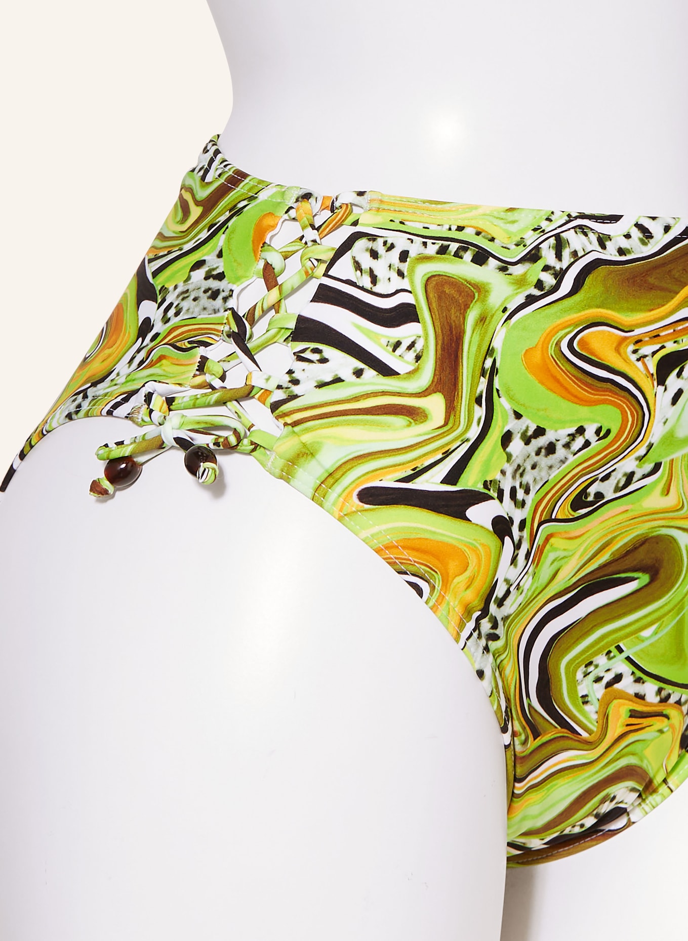 PrimaDonna High-waist bikini bottoms JAGUARAU with decorative beads, Color: LIGHT GREEN/ DARK BROWN/ ORANGE (Image 4)