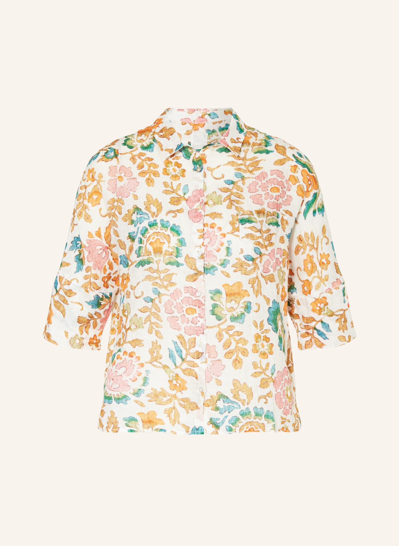 120%lino Shirt blouse made of linen, Color: CREAM/ ORANGE/ TURQUOISE (Image 1)