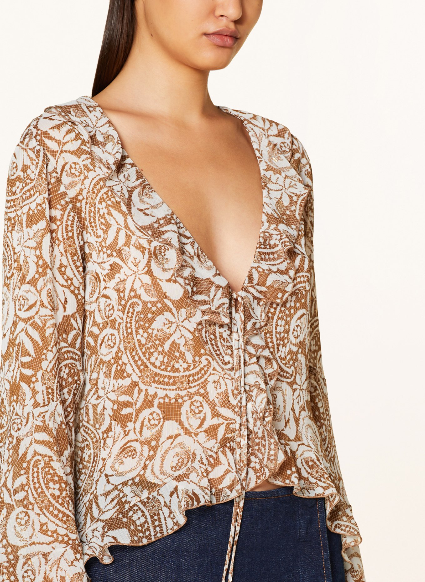 LIU JO Shirt blouse with glitter thread, Color: COGNAC/ ECRU/ GOLD (Image 4)