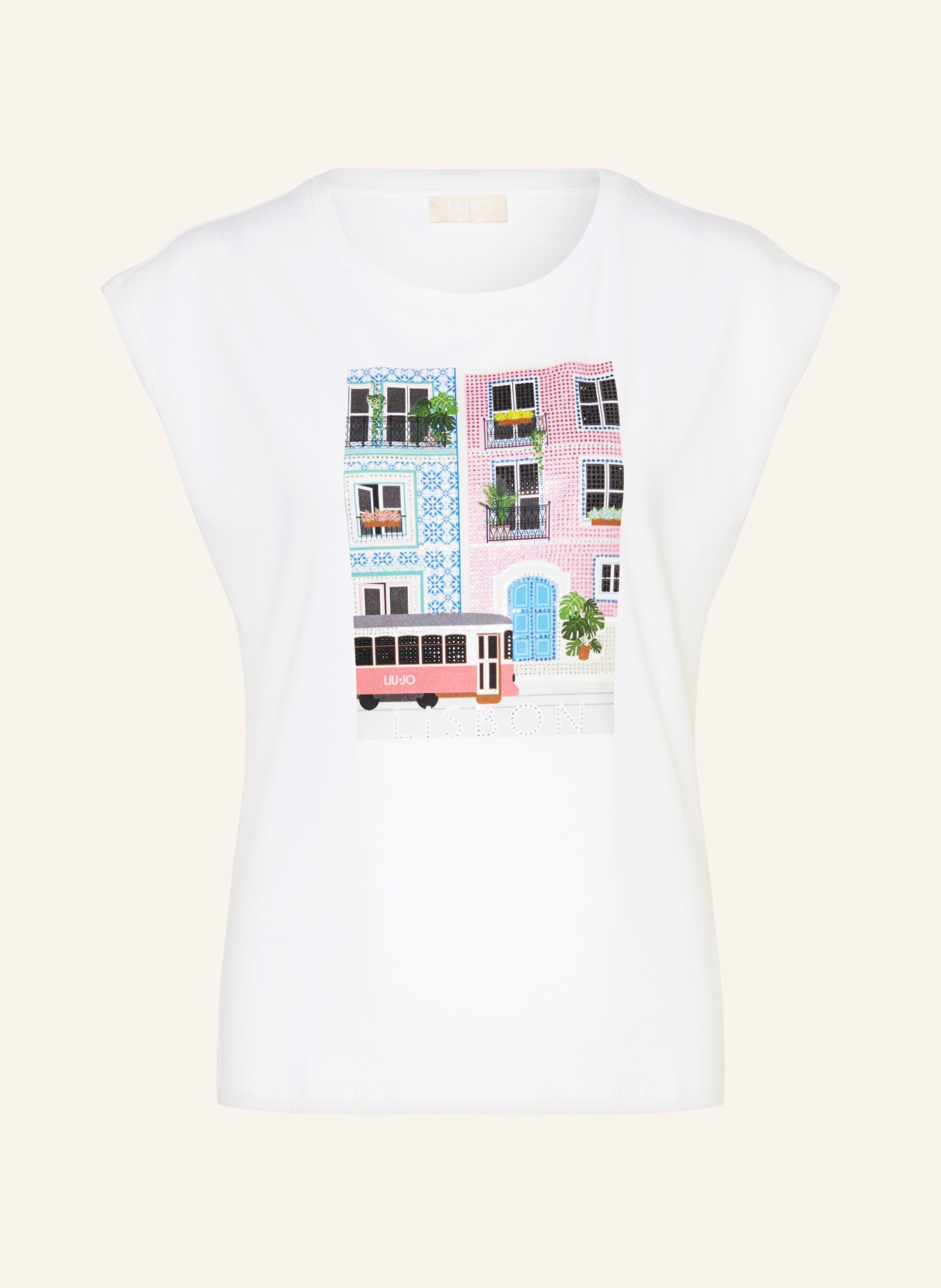 LIU JO T-shirt LISBON z ozdobnymi kamykami, Kolor: BIAŁY/ RÓŻOWY/ ZIELONY (Obrazek 1)