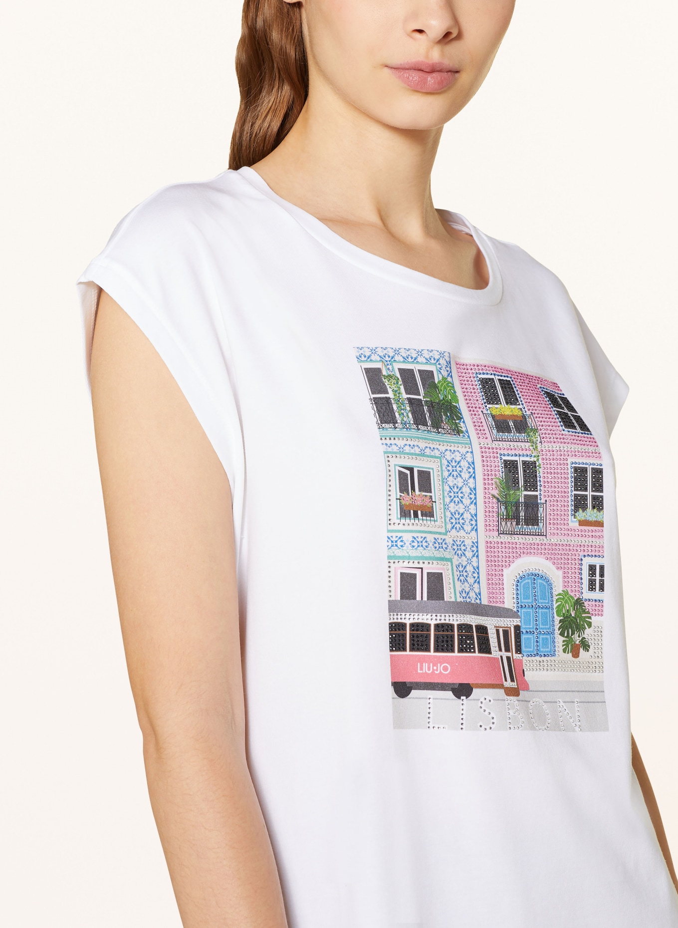 LIU JO T-shirt LISBON z ozdobnymi kamykami, Kolor: BIAŁY/ RÓŻOWY/ ZIELONY (Obrazek 4)