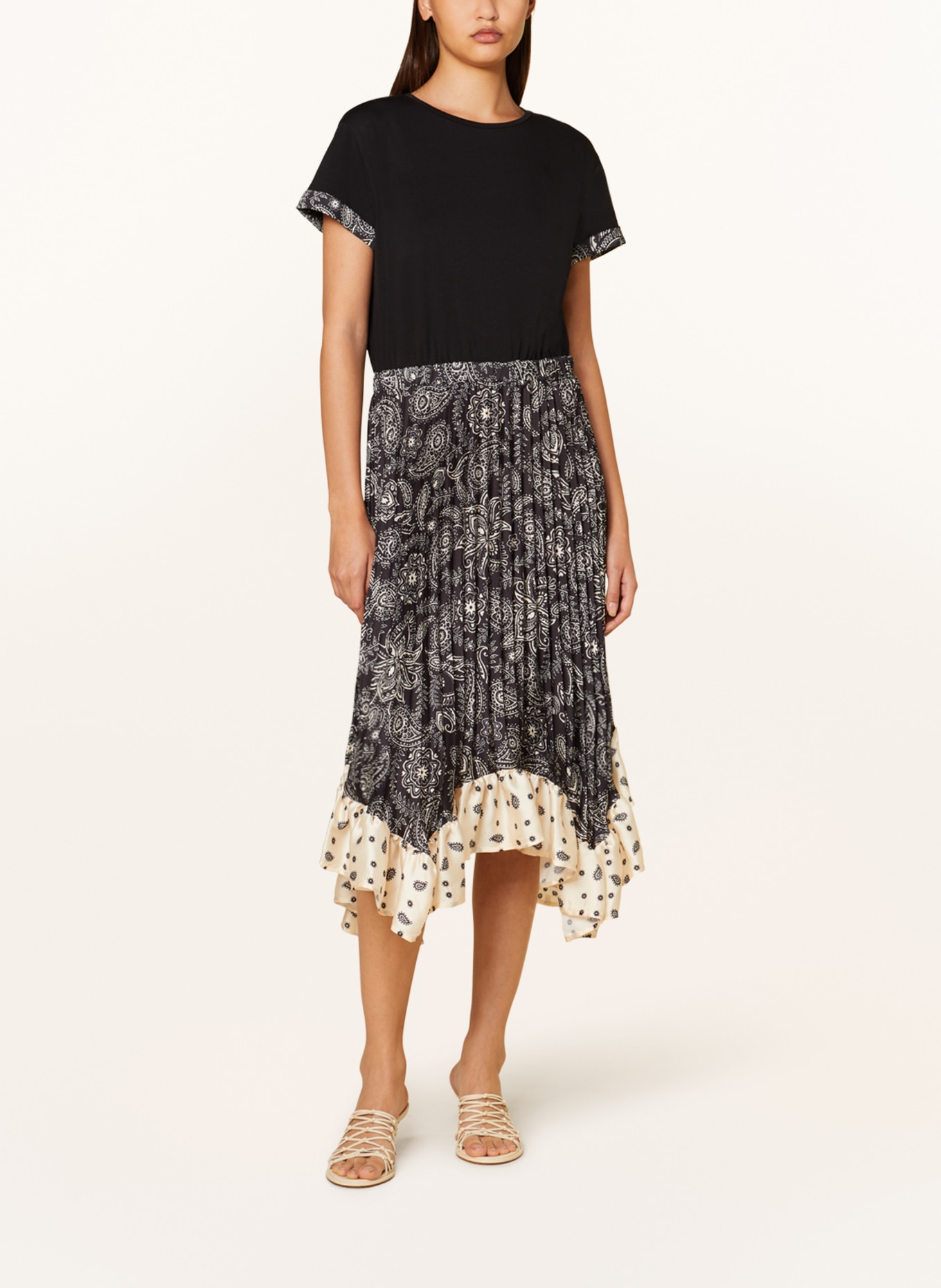 LIU JO Dress in mixed materials with pleats and frills, Color: BLACK/ ECRU (Image 2)