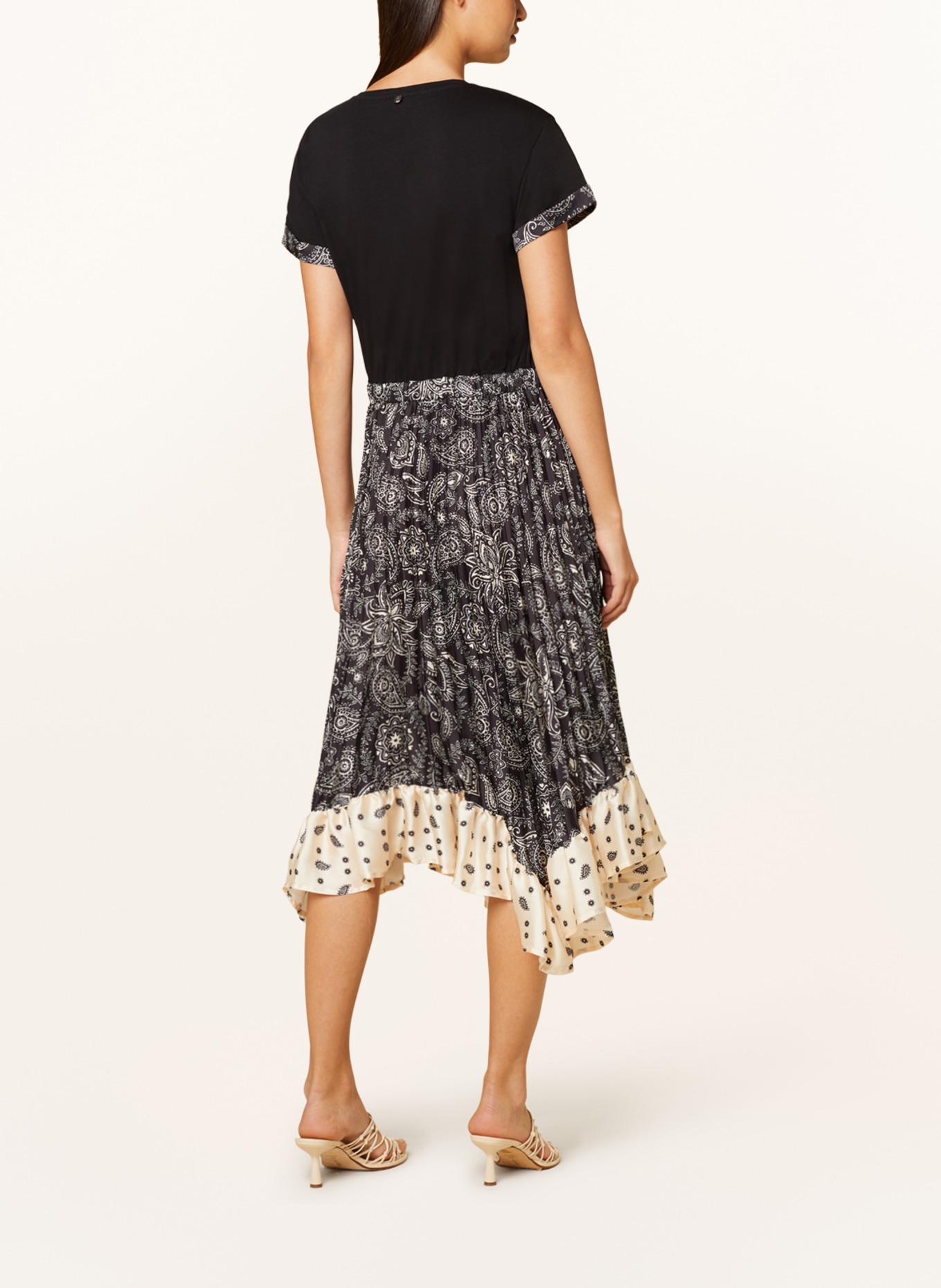 LIU JO Dress in mixed materials with pleats and frills, Color: BLACK/ ECRU (Image 3)