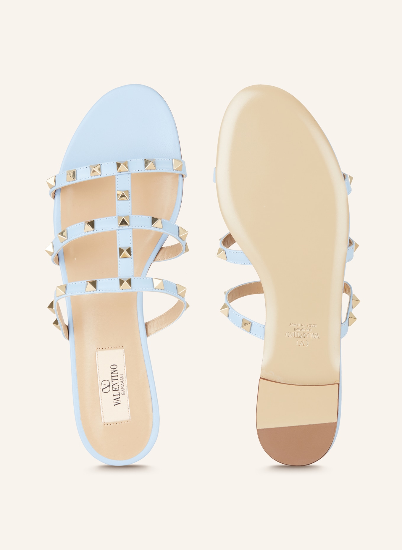VALENTINO GARAVANI Slides ROCKSTUD with rivets: LIGHT BLUE / GOLD