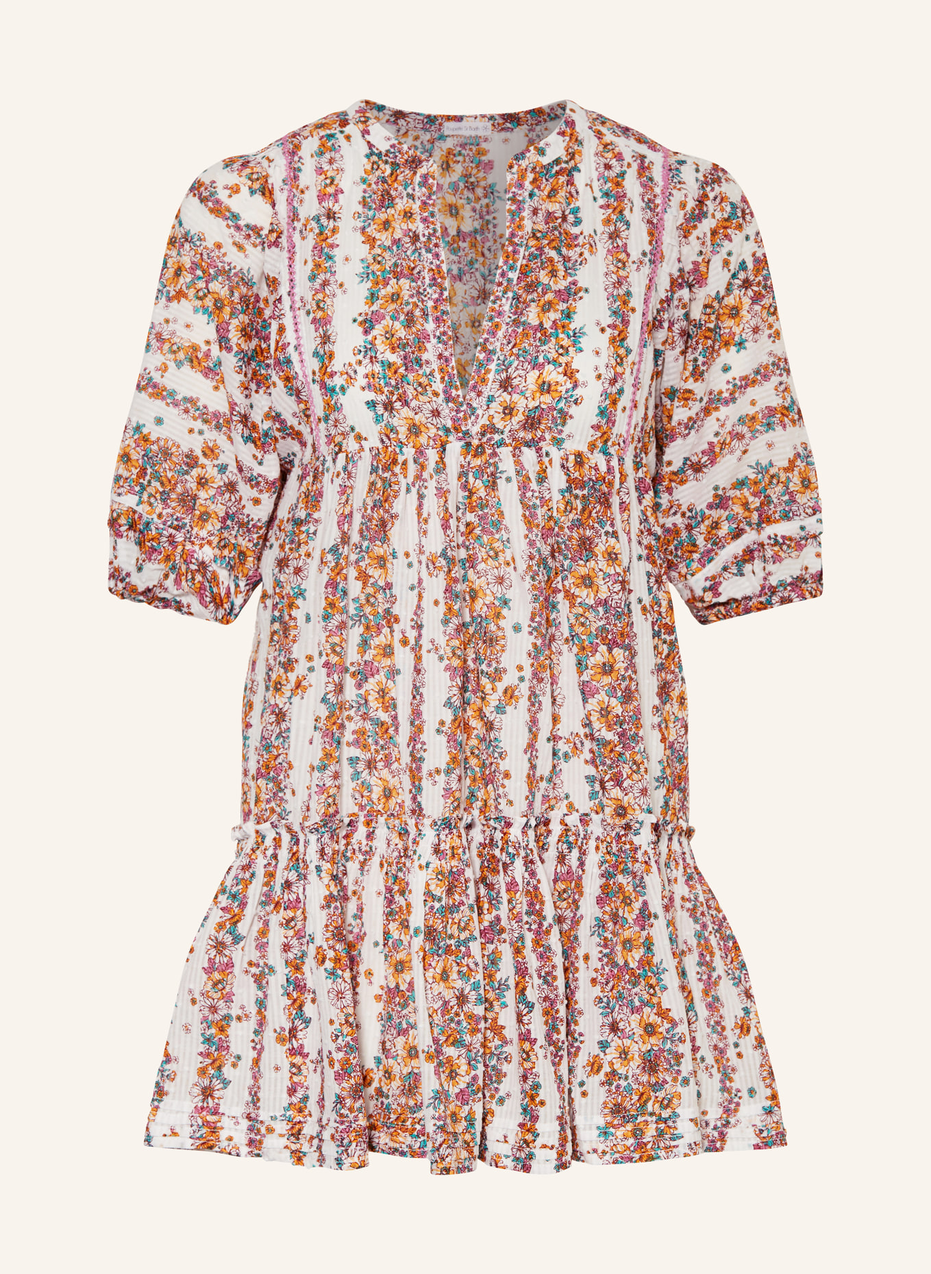 Poupette St Barth Beach dress ARIA with 3/4 sleeves, Color: WHITE/ ORANGE/ PURPLE (Image 1)