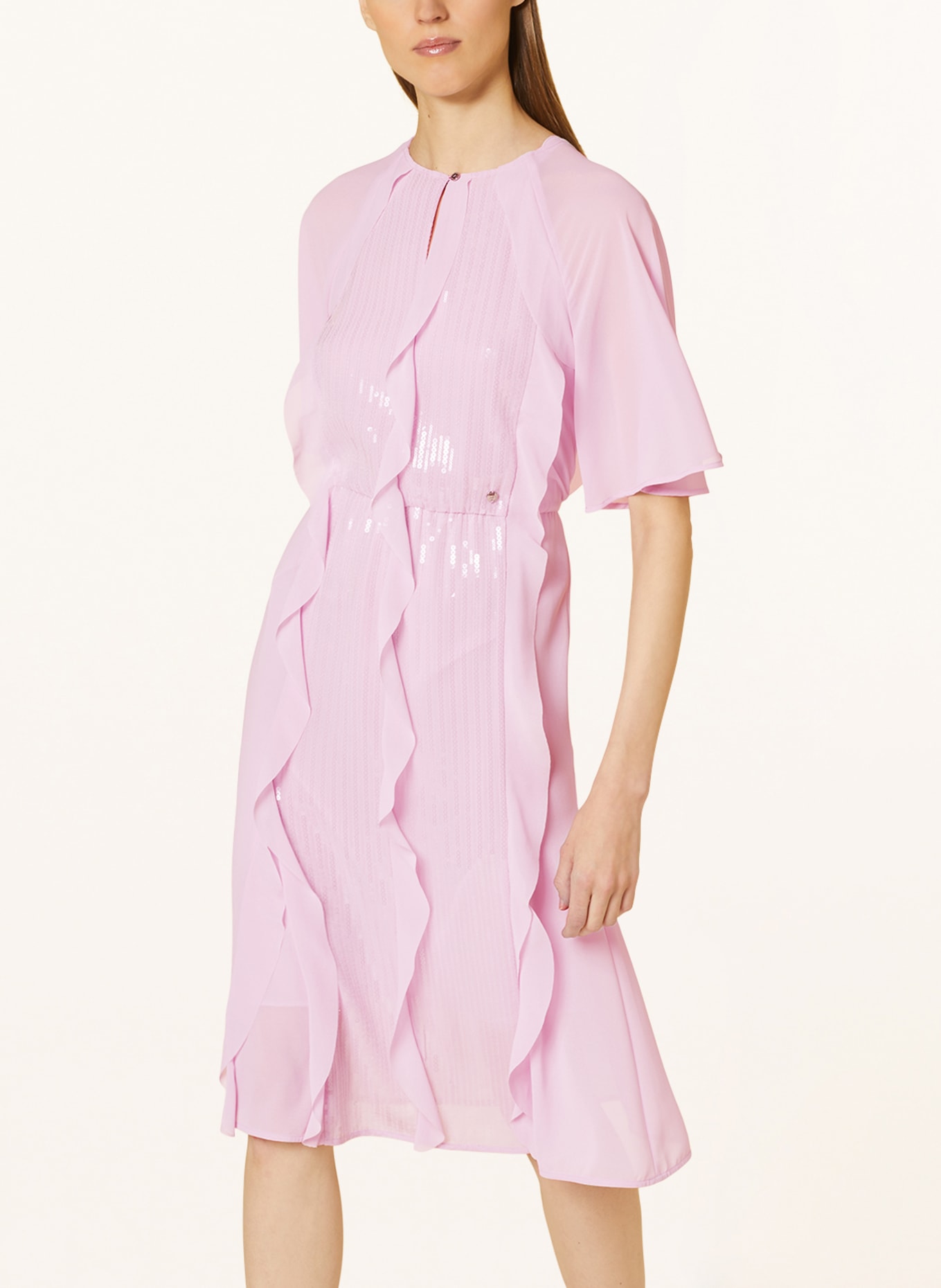 MARC CAIN Sukienka z cekinami i wolantami, Kolor: 709 pink lavender (Obrazek 5)