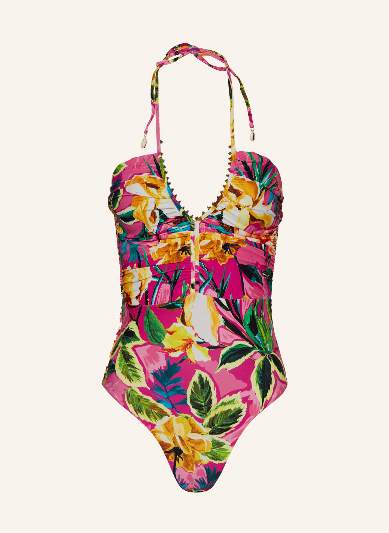 PQ Halter neck swimsuit JOSIE with decorative beads, Color: PINK/ GREEN/ YELLOW (Image 1)