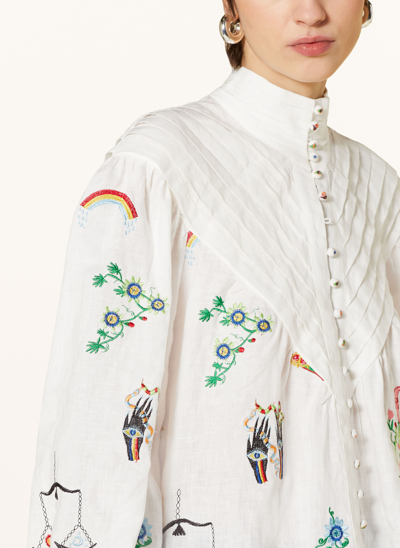 ALÉMAIS Linen blouse ATTICUS with embroidery, Color: WHITE/ GREEN/ BLUE (Image 4)
