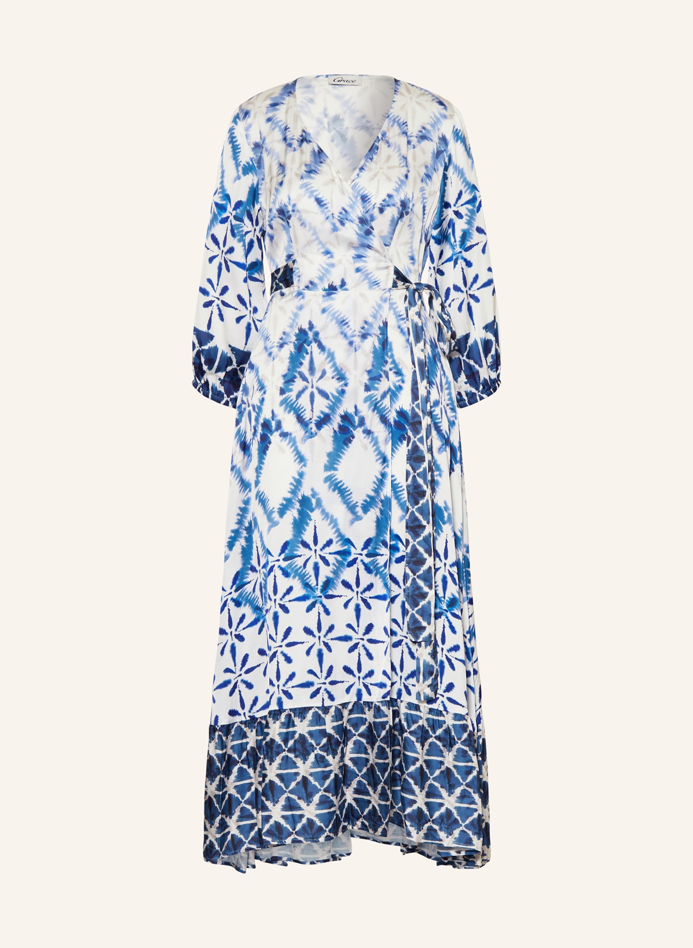 Grace Wrap dress in satin, Color: WHITE/ BLUE/ TAUPE (Image 1)