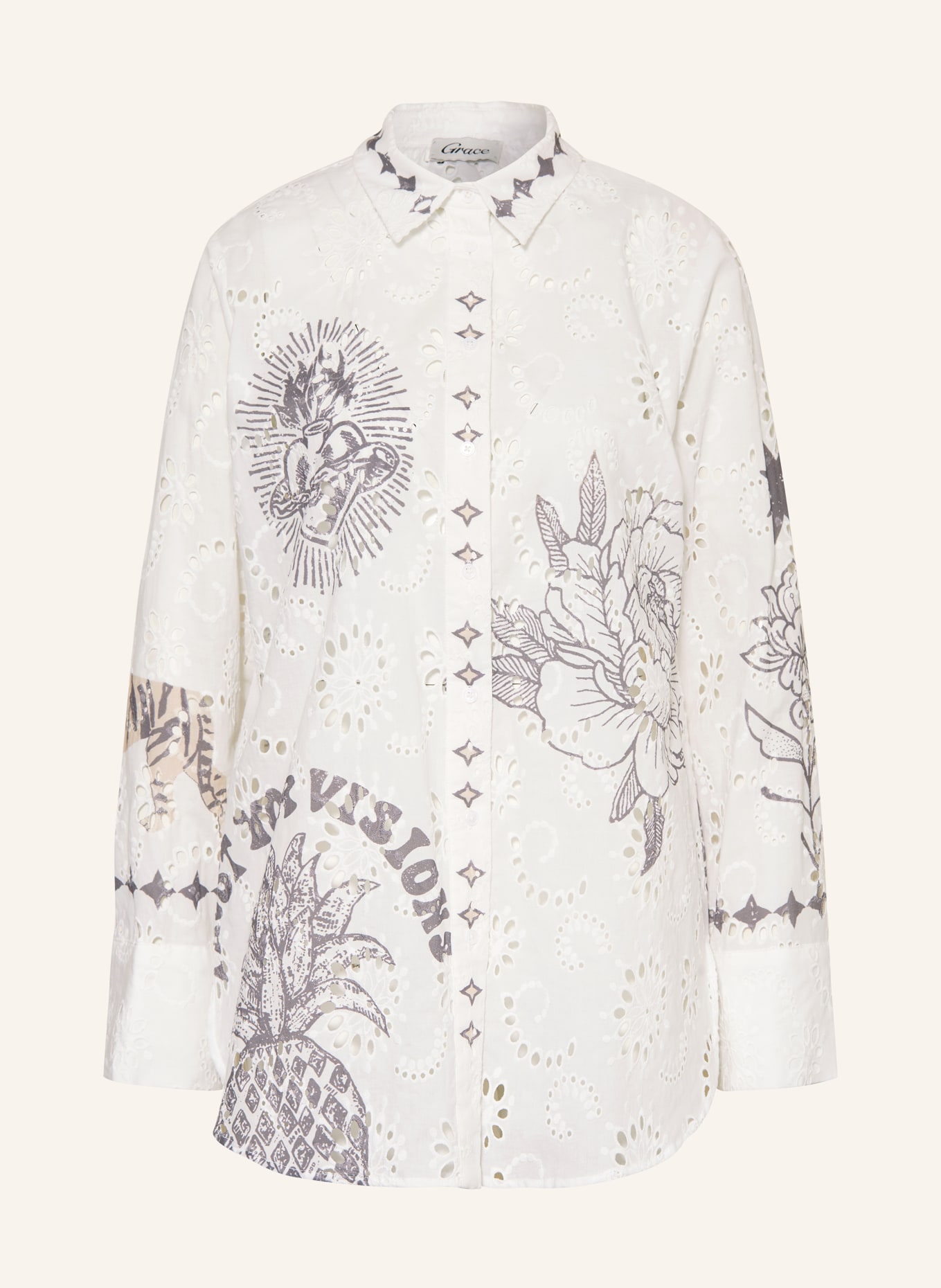 Grace Shirt blouse with broderie anglaise, Color: WHITE/ GRAY (Image 1)