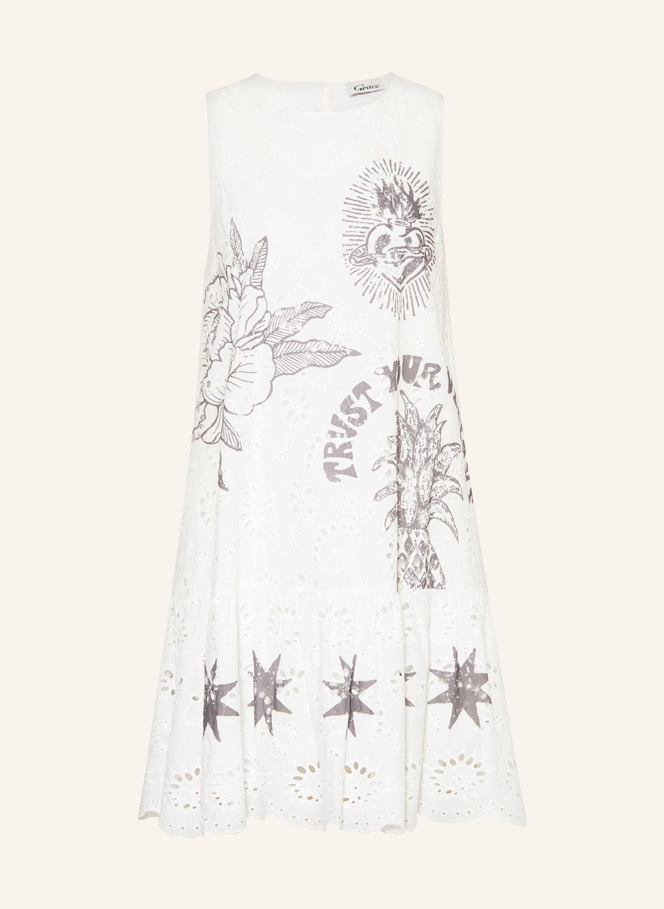 Grace Dress with broderie anglaise, Color: WHITE/ TAUPE (Image 1)